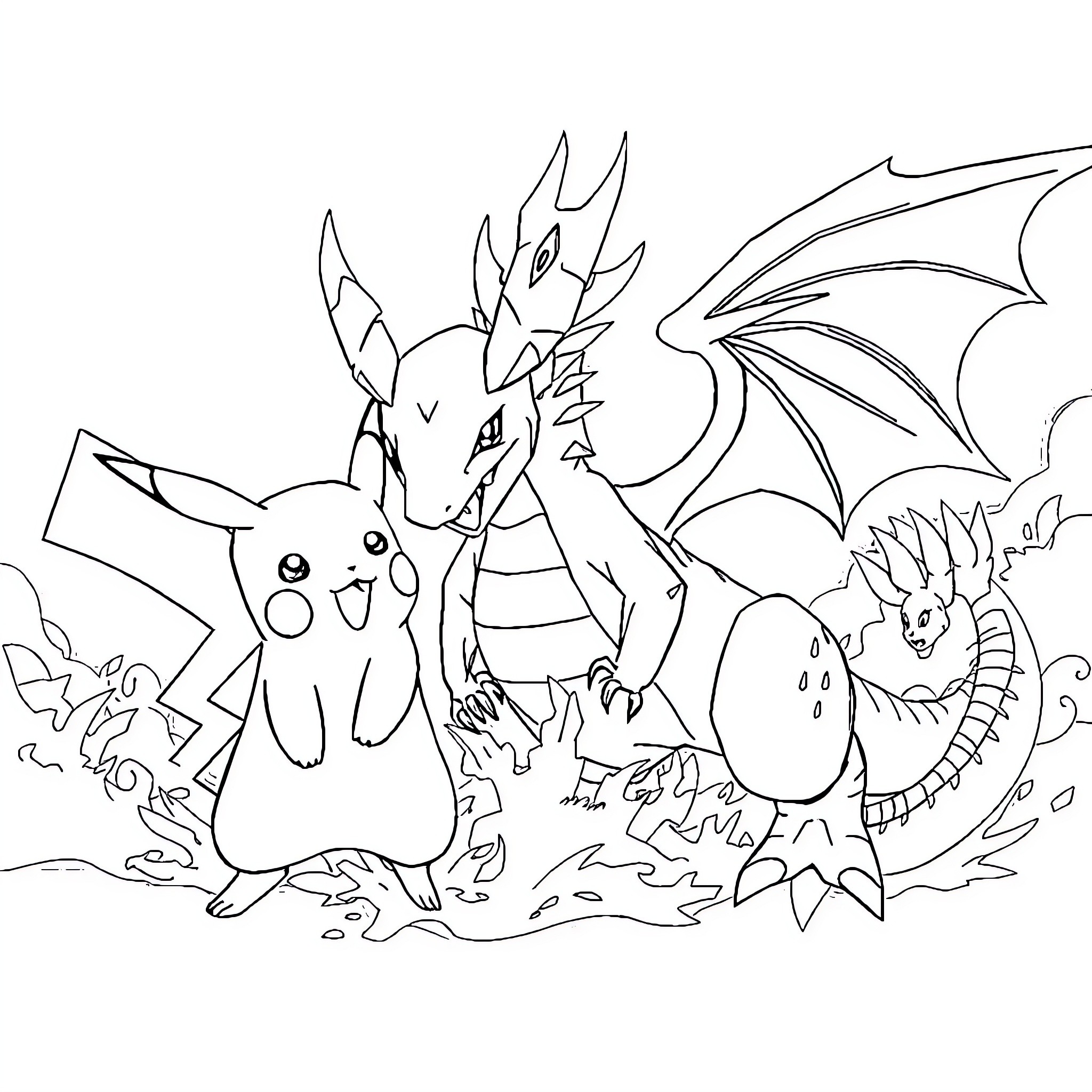 Pikachu and Pokémon friends in a playful scene Coloring Page (free black-and-white line drawing printable PDF for all, from beginners to advanced learners, including children, teens, adults, and seniors)
