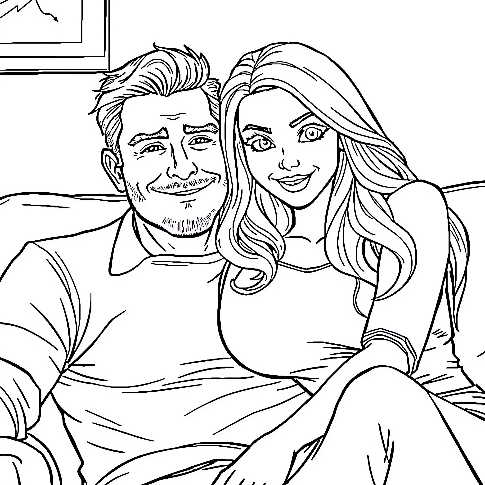 Adult couple enjoying a relaxed moment together Coloring Page (free black-and-white line drawing printable PDF for all, from beginners to advanced learners, including children, teens, adults, and seniors)