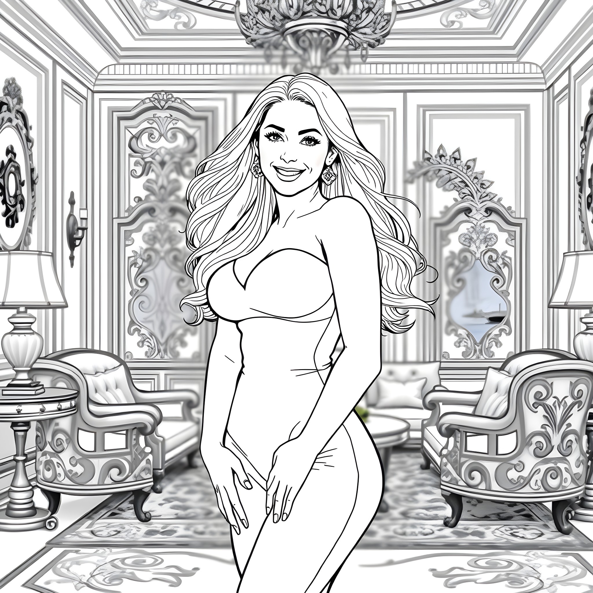 Angela in a Luxurious Pose Coloring Page (free black-and-white line drawing printable PDF for all, from beginners to advanced learners, including children, teens, adults, and seniors)