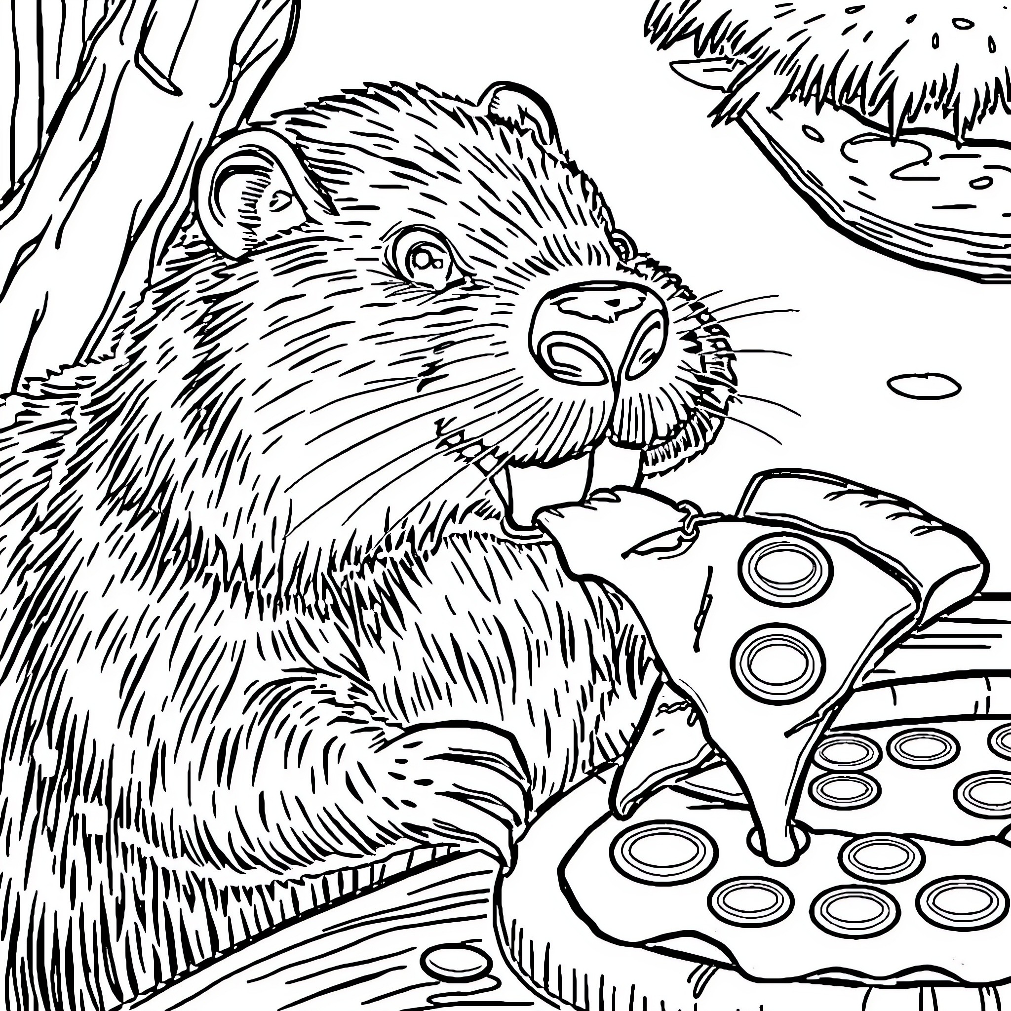 Beaver Exploring Mushroom-Covered Forest Floor Coloring Page (free black-and-white line drawing printable PDF for all, from beginners to advanced learners, including children, teens, adults, and seniors)
