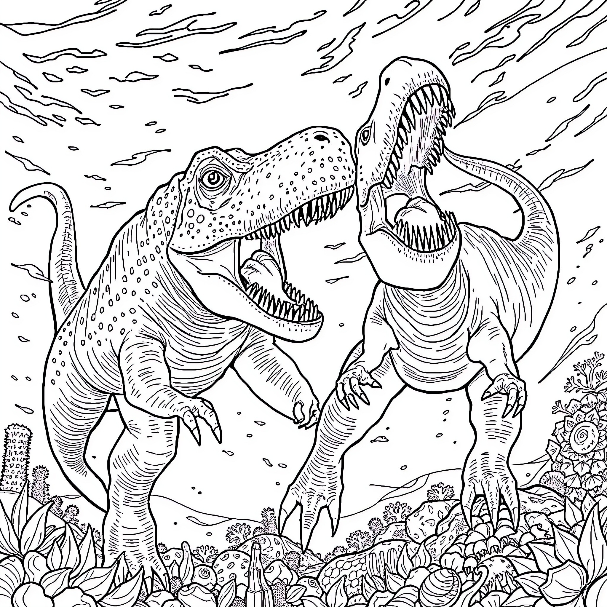 Mosasaurus Prehistoric Predators Locked in Battle Coloring Page (free black-and-white line drawing printable PDF for all, from beginners to advanced learners, including children, teens, adults, and seniors)