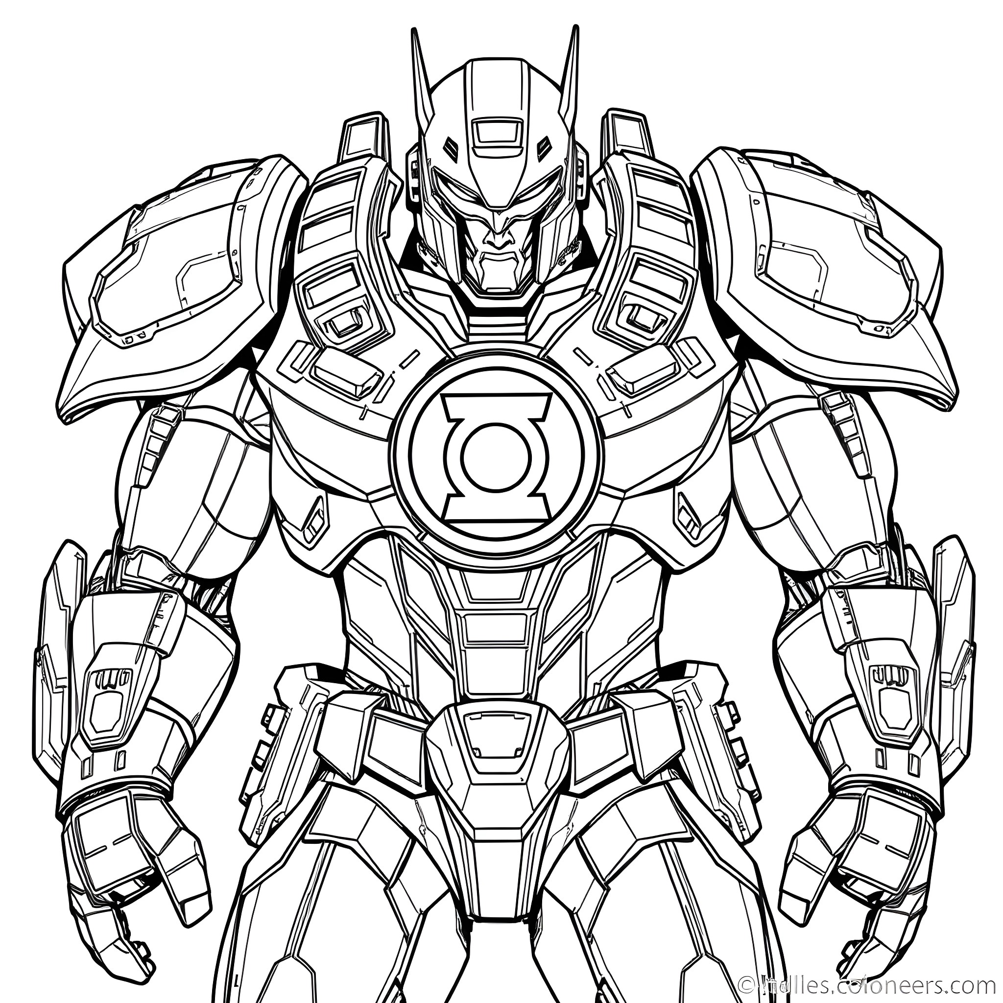 Justice Buster Heroic Mech in Action Pose Coloring Page (free black-and-white line drawing printable PDF for all, from beginners to advanced learners, including children, teens, adults, and seniors)