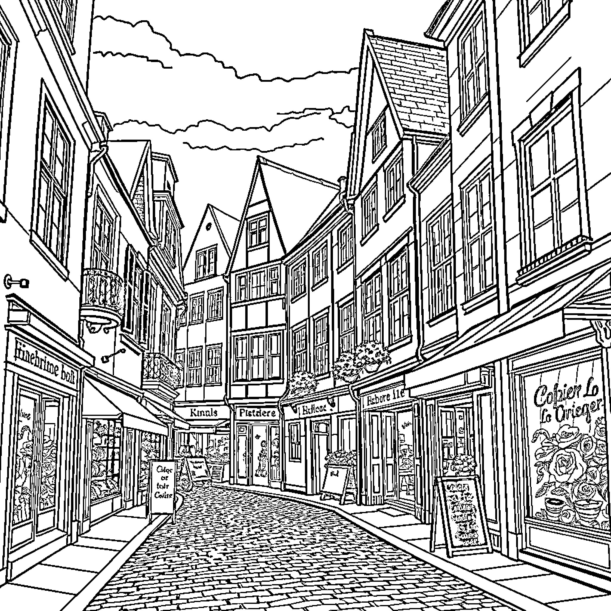Cityscape of a lively European street with shops Coloring Page (free black-and-white line drawing printable PDF for all, from beginners to advanced learners, including children, teens, adults, and seniors)