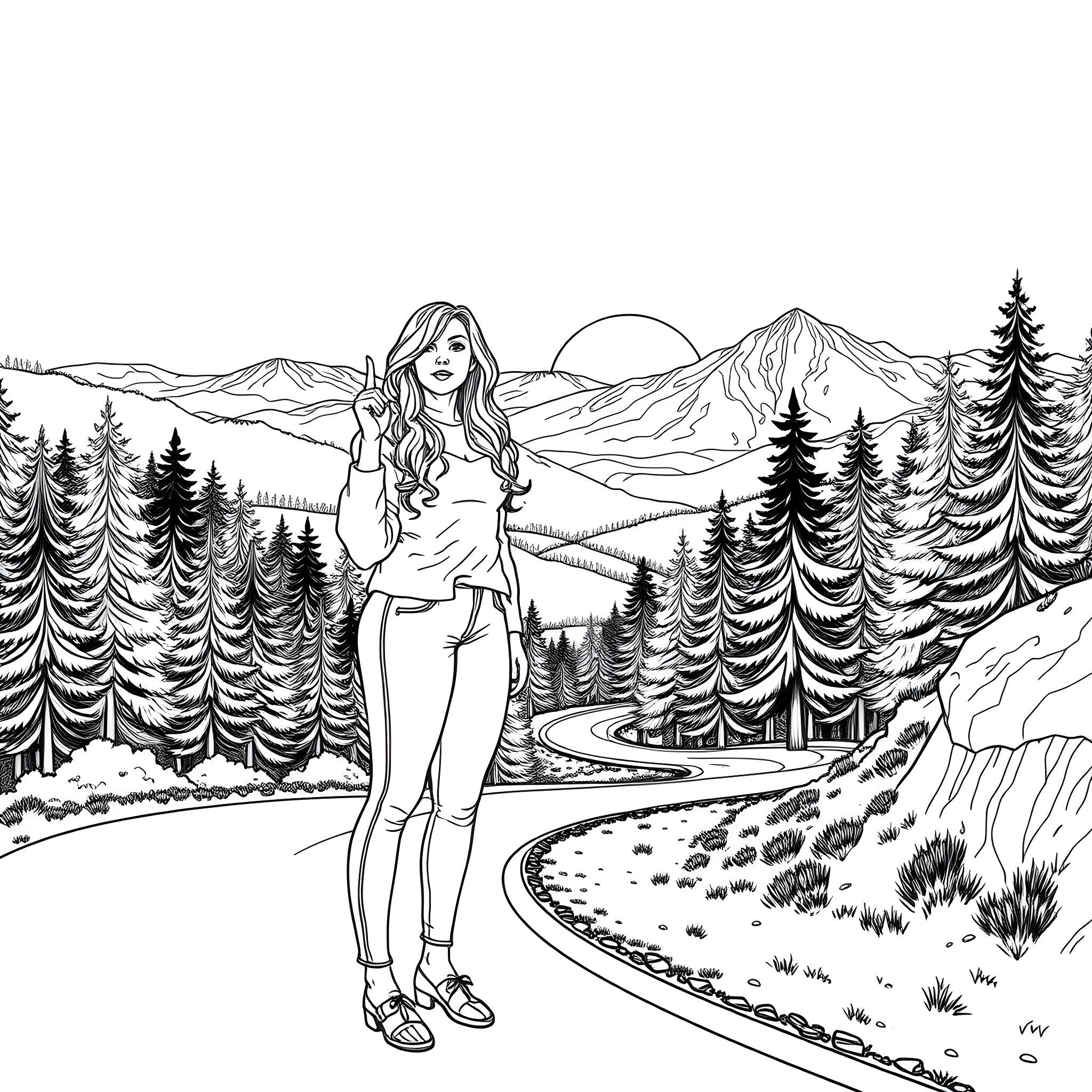 Sabrina Carpenter Enjoying Scenic Mountain Landscape Coloring Page (free black-and-white line drawing printable PDF for all, from beginners to advanced learners, including children, teens, adults, and seniors)