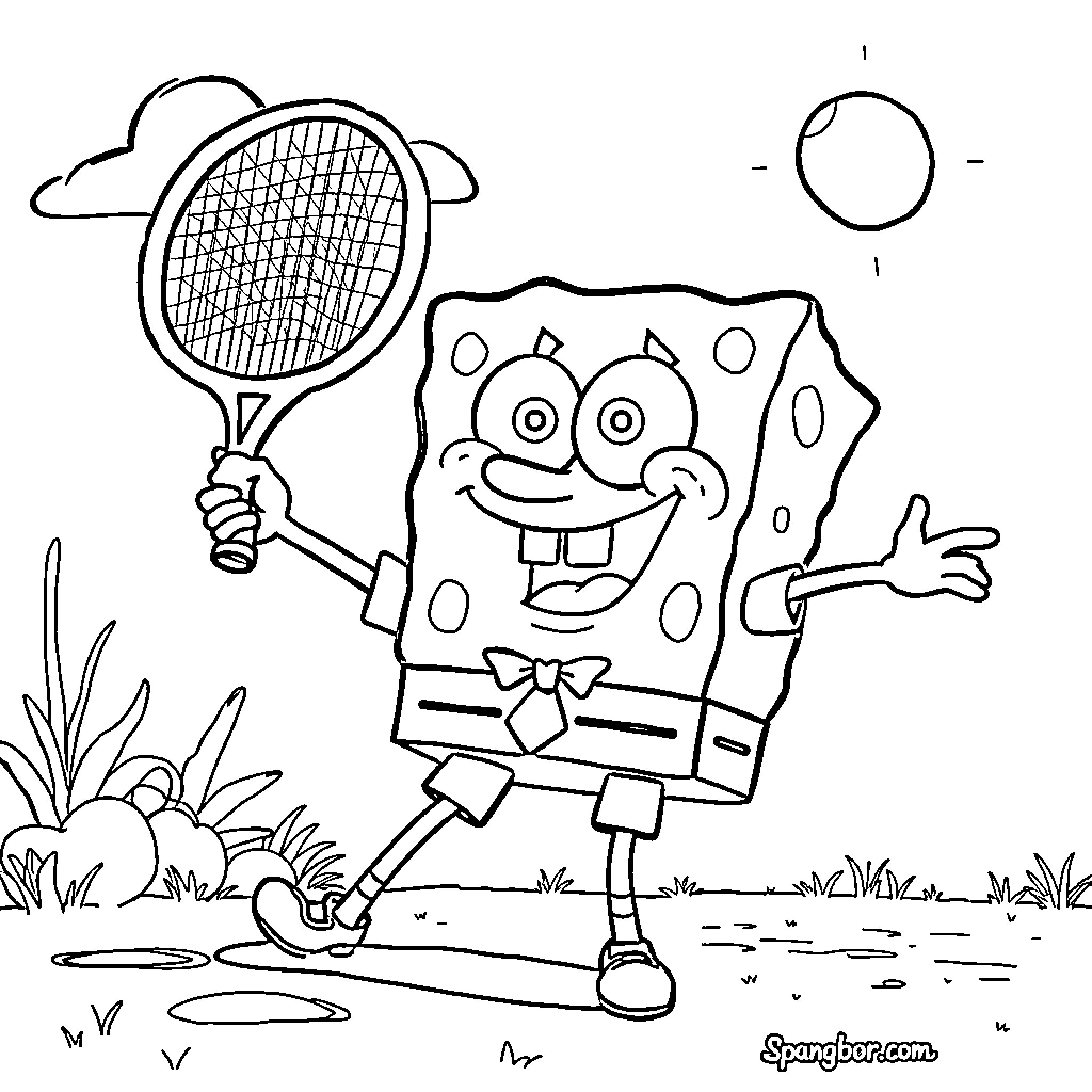 Spongebob playing tennis on a sunny day Coloring Page (free black-and-white line drawing printable PDF for all, from beginners to advanced learners, including children, teens, adults, and seniors)