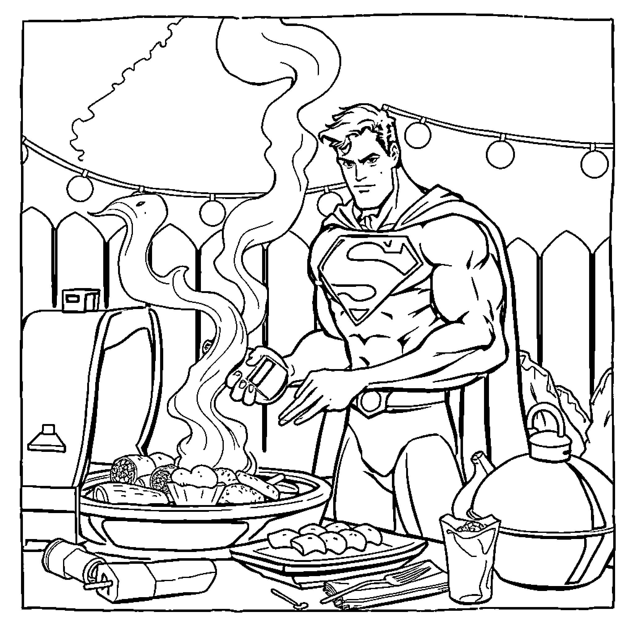 Superman cooking a savory meal in his kitchen Coloring Page (free black-and-white line drawing printable PDF for all, from beginners to advanced learners, including children, teens, adults, and seniors)