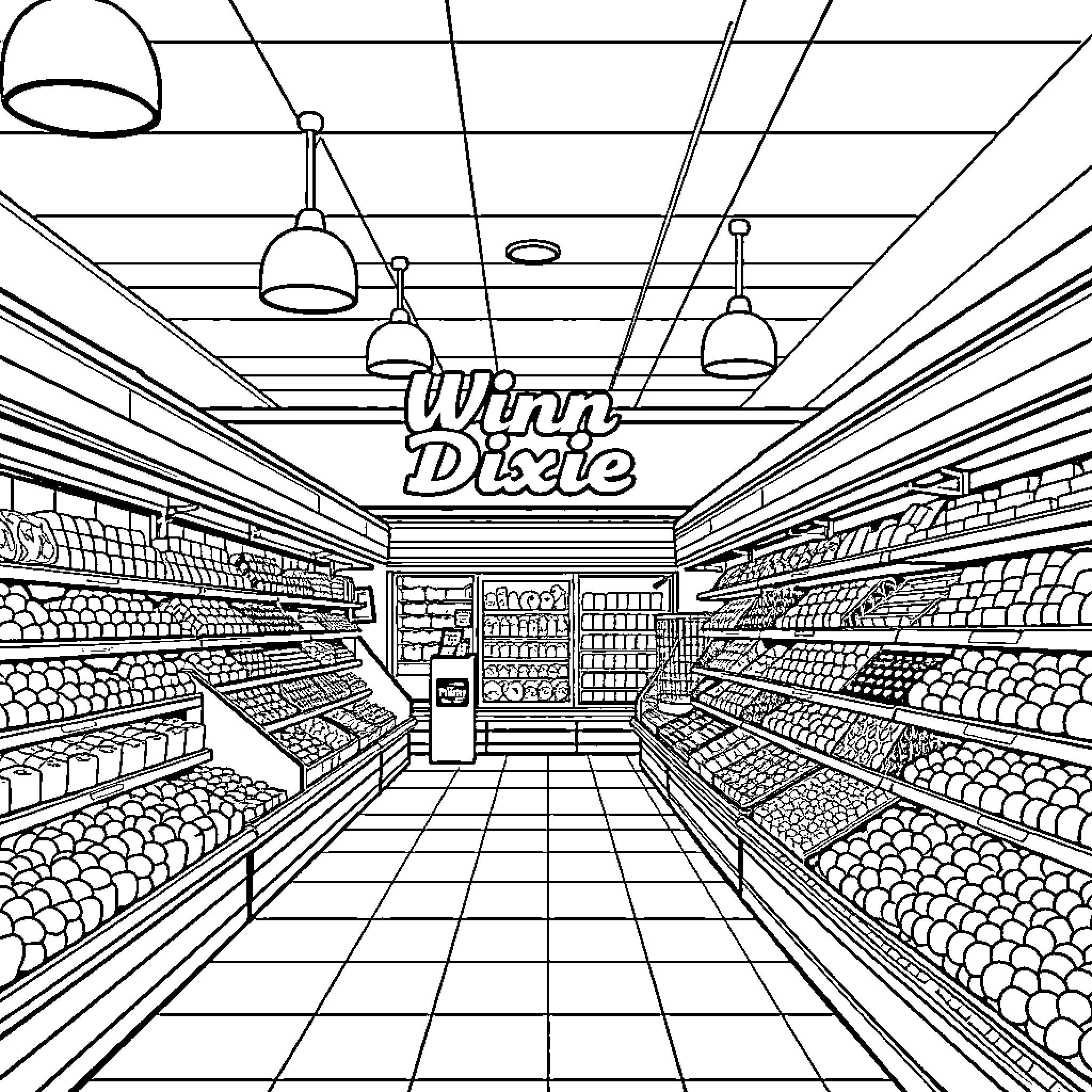 Winn Dixie supermarket aisle with shelves and products Coloring Page (free black-and-white line drawing printable PDF for all, from beginners to advanced learners, including children, teens, adults, and seniors)