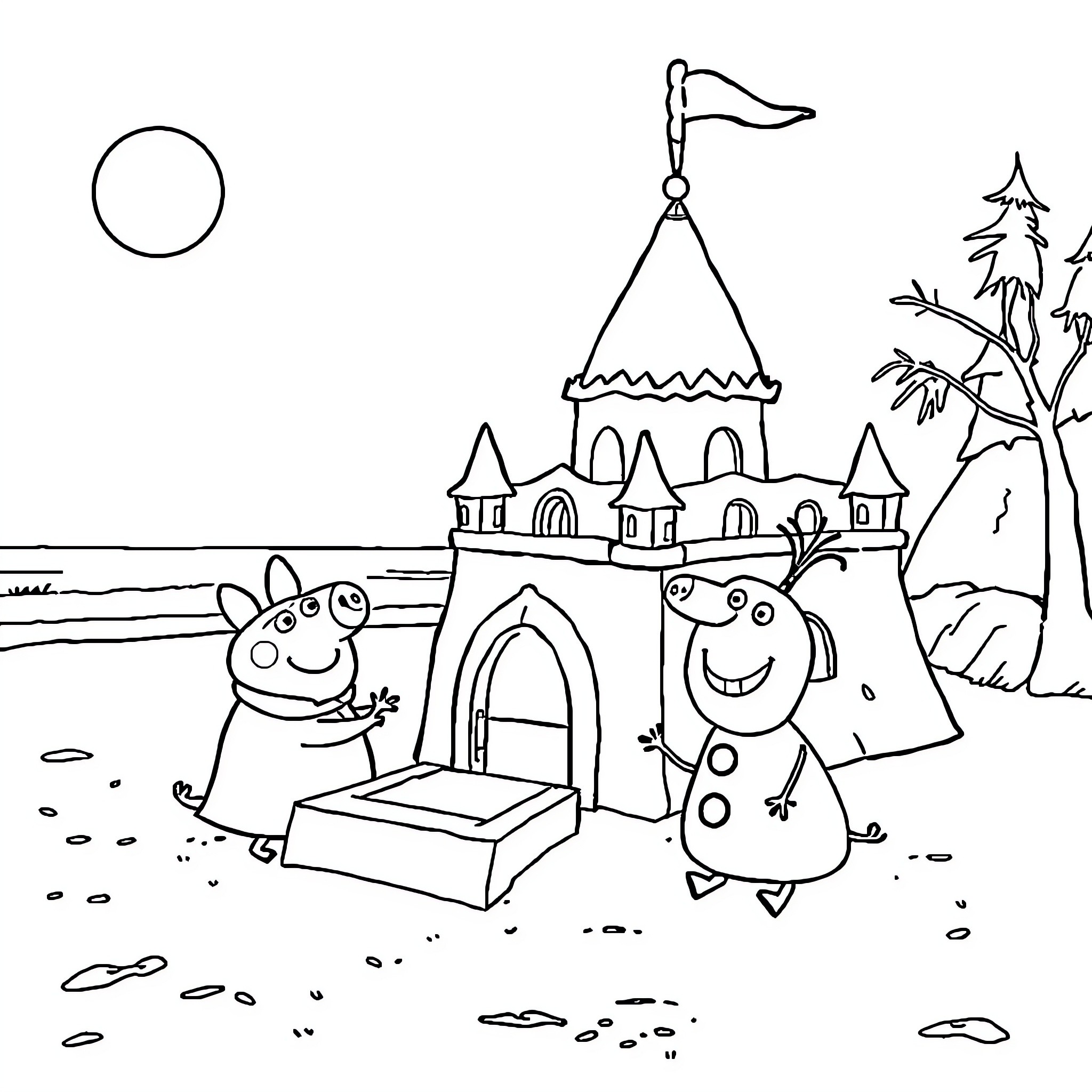 Kitty friends exploring a whimsical castle Coloring Page (free black-and-white line drawing printable PDF for all, from beginners to advanced learners, including children, teens, adults, and seniors)