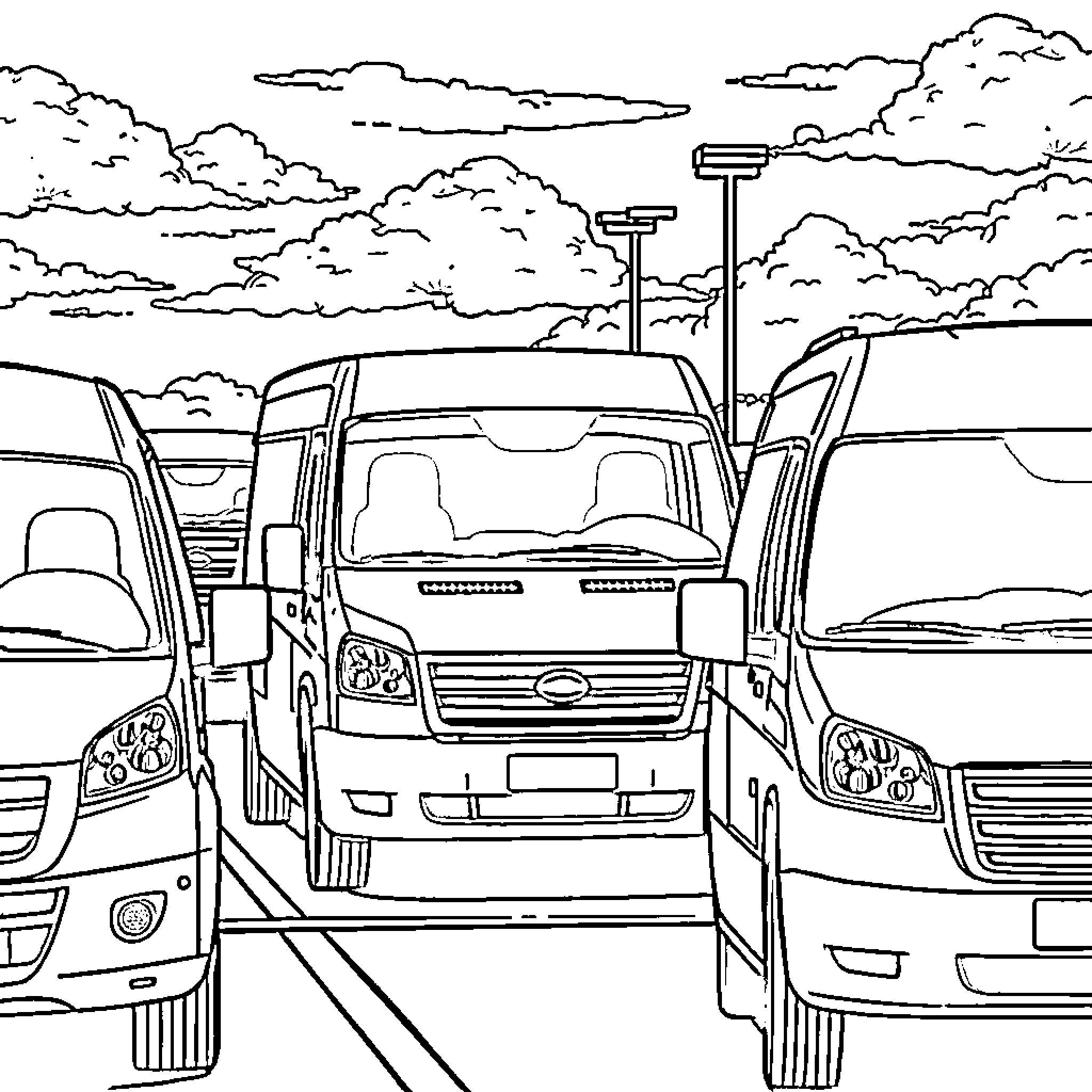 Vans parked in the lot under cloudy skies Coloring Page (free black-and-white line drawing printable PDF for all, from beginners to advanced learners, including children, teens, adults, and seniors)