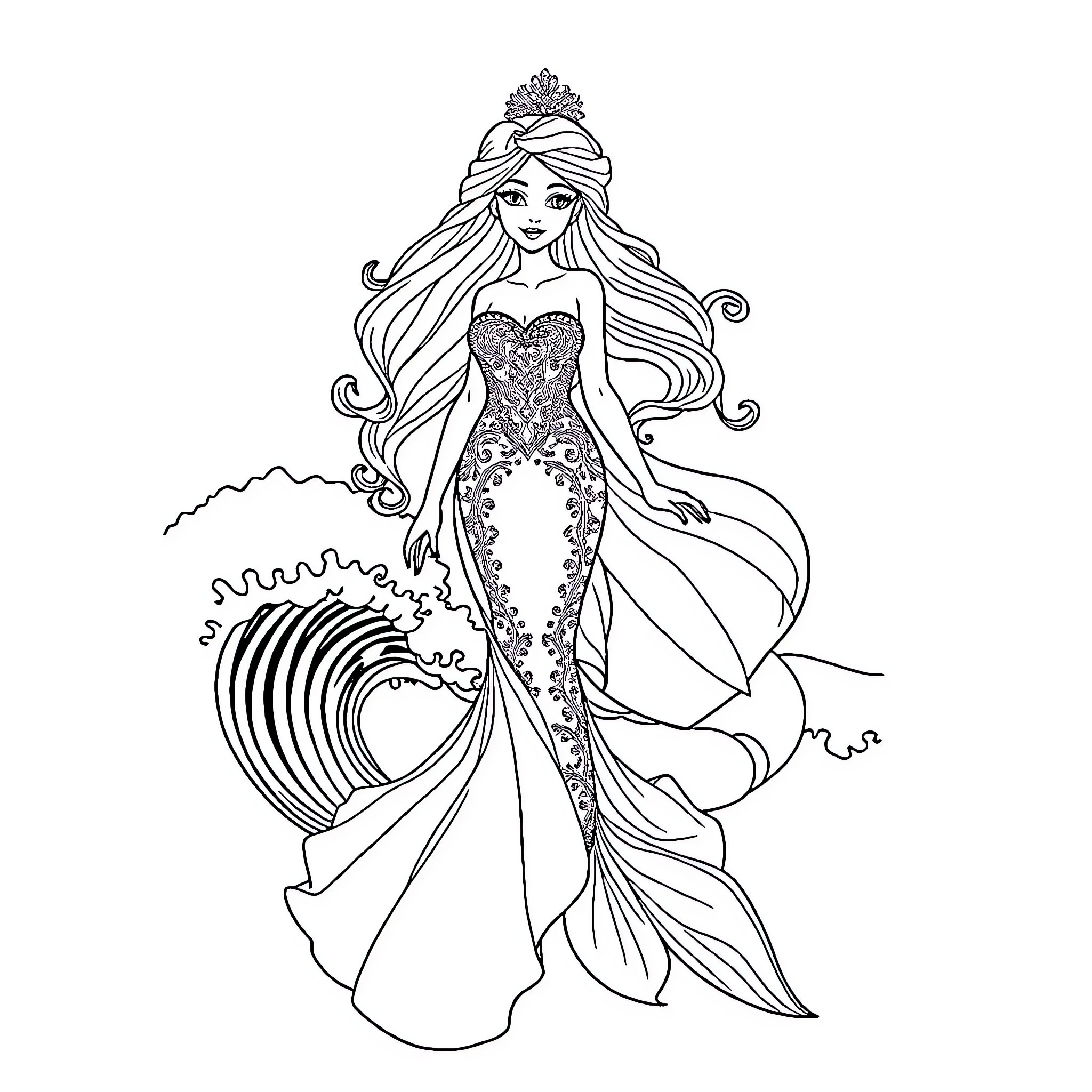 Mermaid beauty posing gracefully in the ocean Coloring Page (free black-and-white line drawing printable PDF for all, from beginners to advanced learners, including children, teens, adults, and seniors)