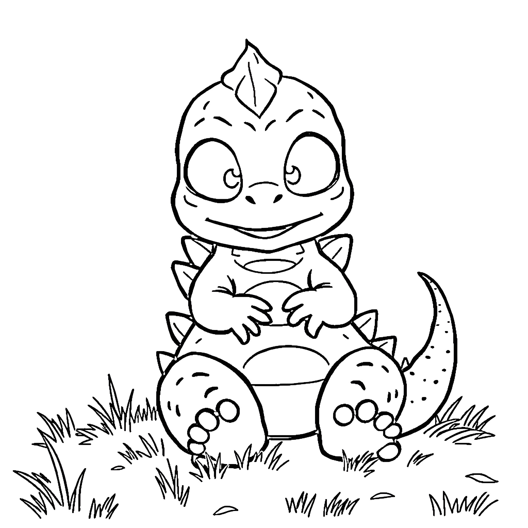 Godzilla Baby Sitting Happily in the Grass Coloring Page (free black-and-white line drawing printable PDF for all, from beginners to advanced learners, including children, teens, adults, and seniors)