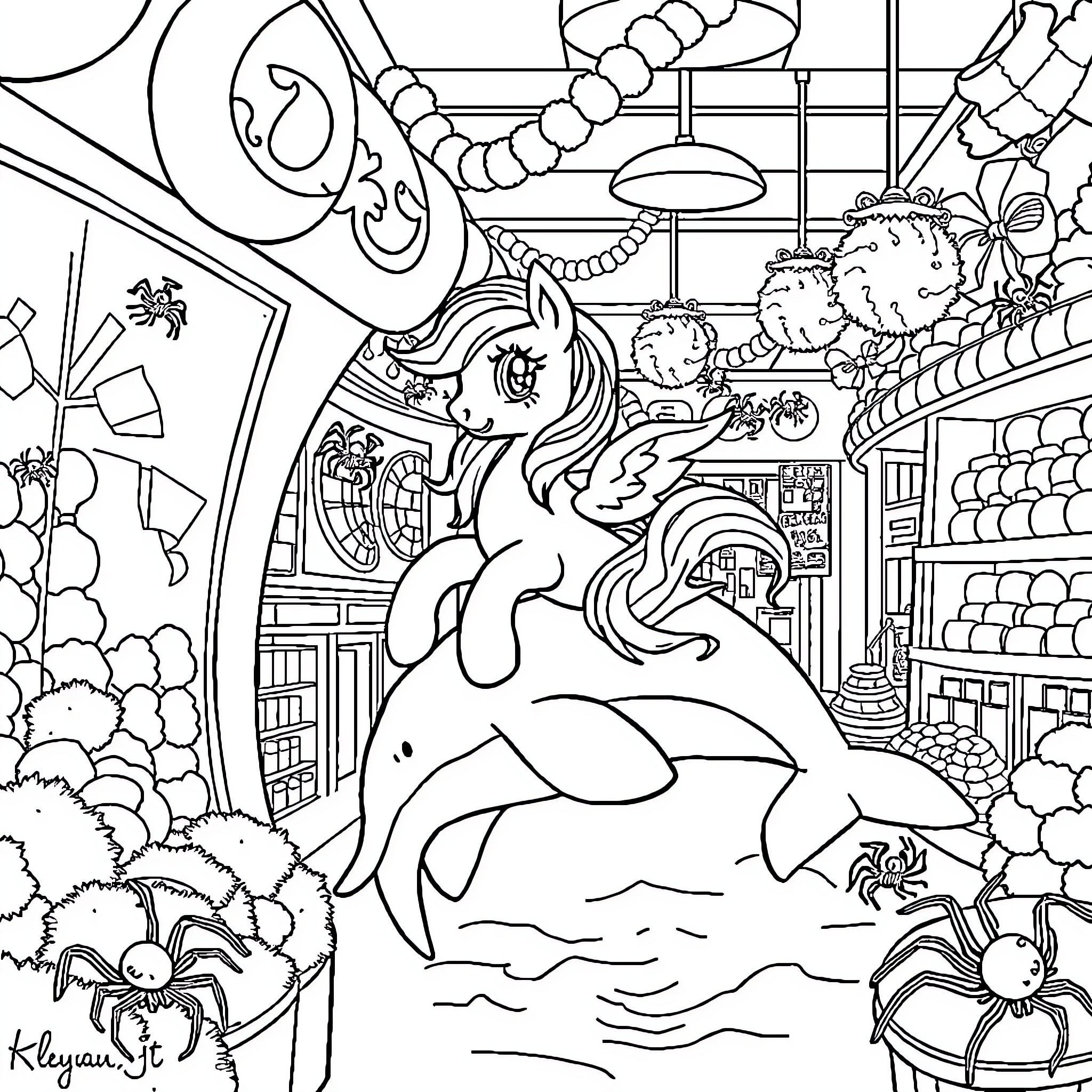 Pony enjoying a whimsical and fantastical scene Coloring Page (free black-and-white line drawing printable PDF for all, from beginners to advanced learners, including children, teens, adults, and seniors)