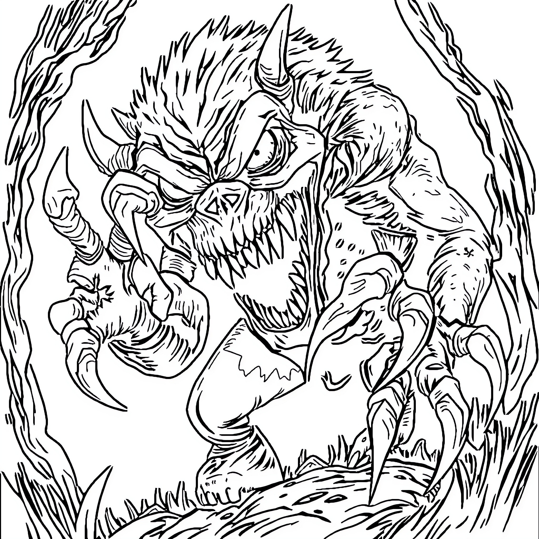 Monster attacking with ferocious claws and teeth Coloring Page (free black-and-white line drawing printable PDF for all, from beginners to advanced learners, including children, teens, adults, and seniors)