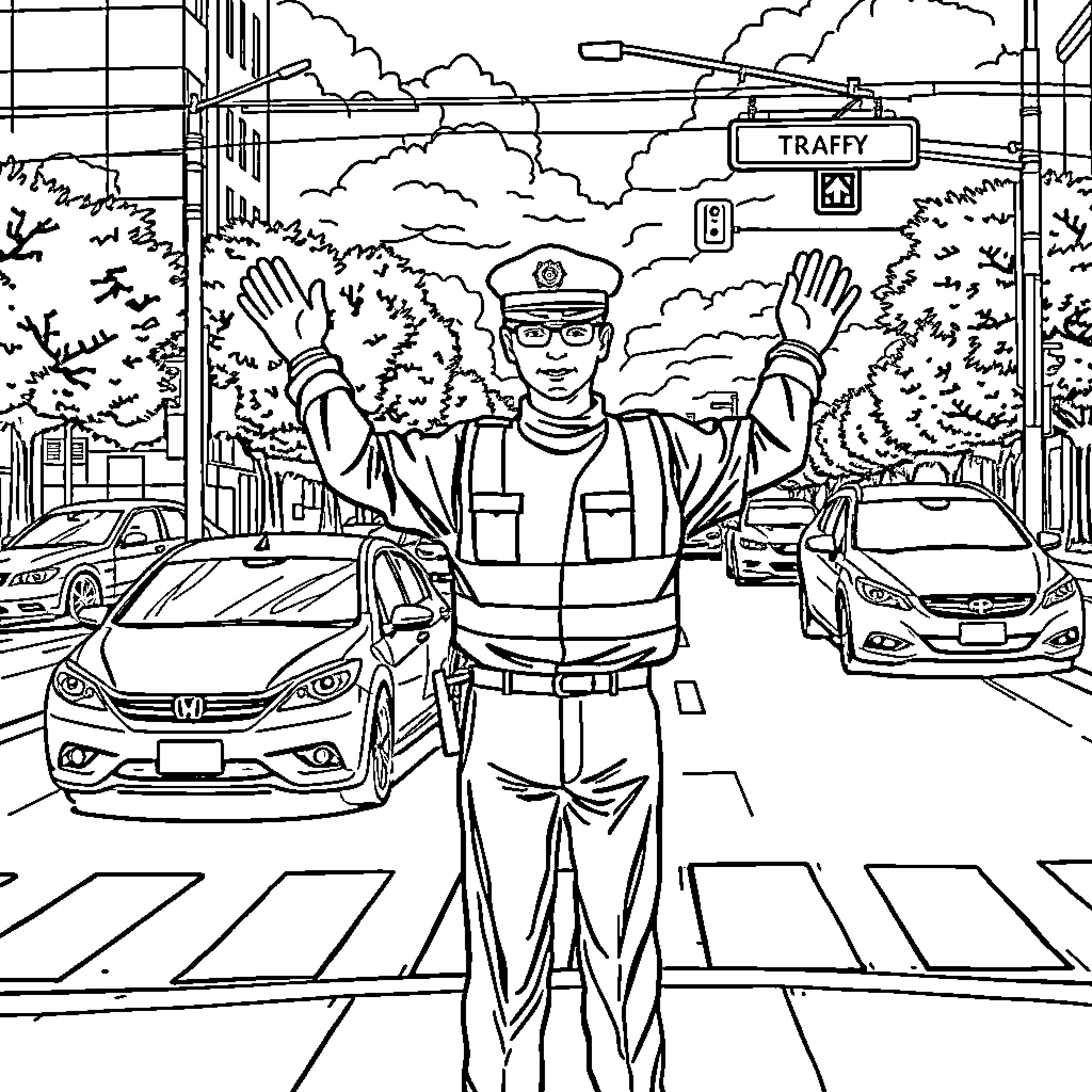 Traffic Controller directing vehicles with gestures Coloring Page (free black-and-white line drawing printable PDF for all, from beginners to advanced learners, including children, teens, adults, and seniors)