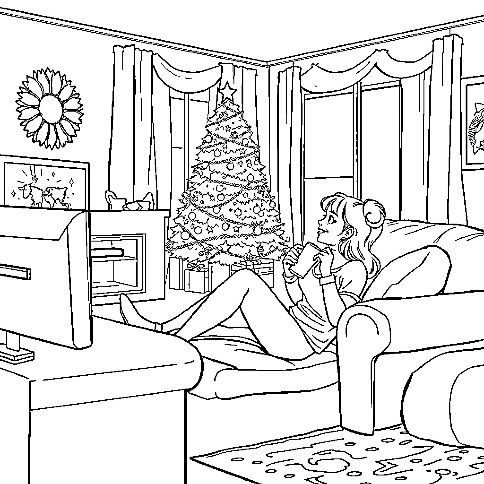 Woman relaxing by Christmas tree in cozy living room Coloring Page (free black-and-white line drawing printable PDF for all, from beginners to advanced learners, including children, teens, adults, and seniors)