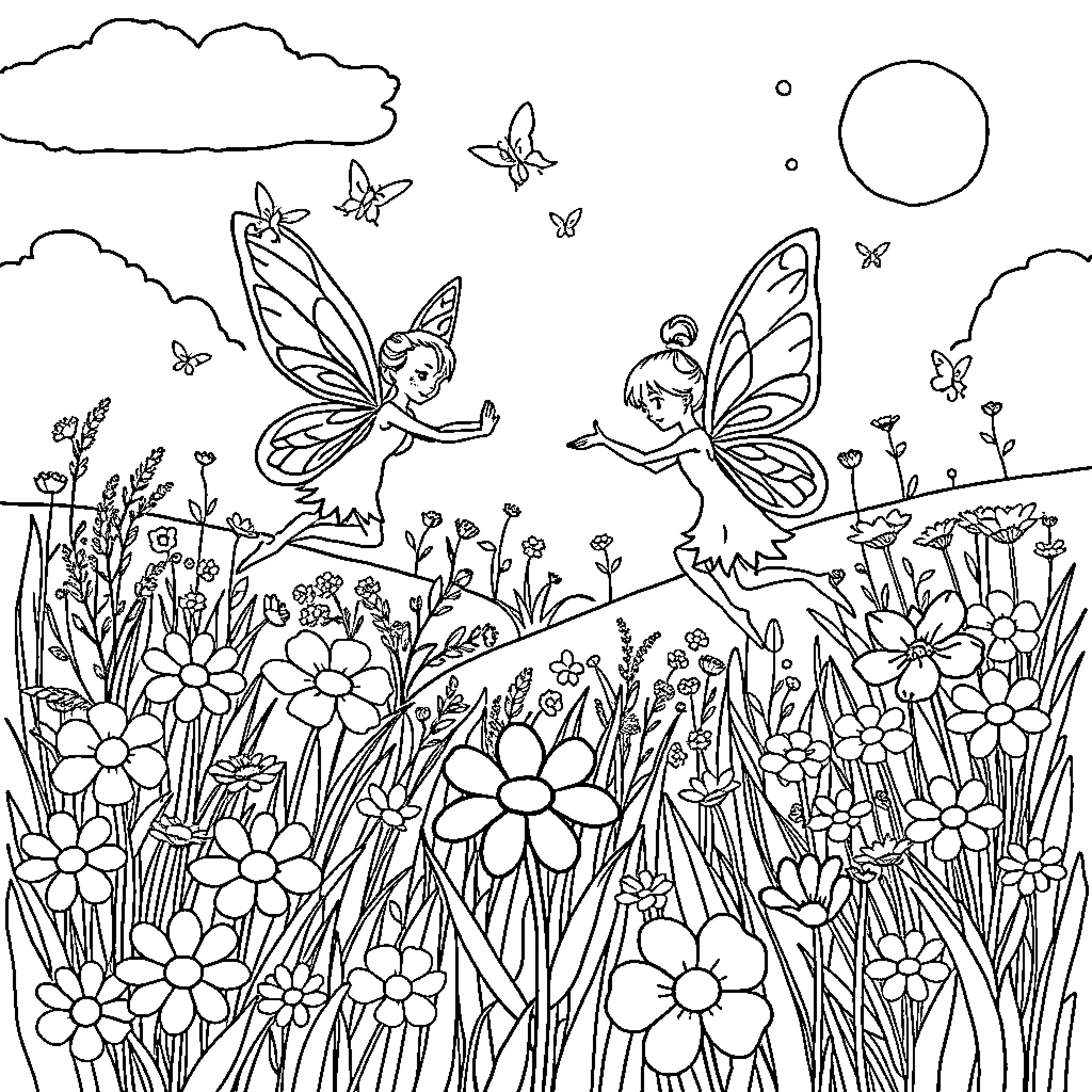 Fairy Sprites Dancing Among Flowers Coloring Page (free black-and-white line drawing printable PDF for all, from beginners to advanced learners, including children, teens, adults, and seniors)