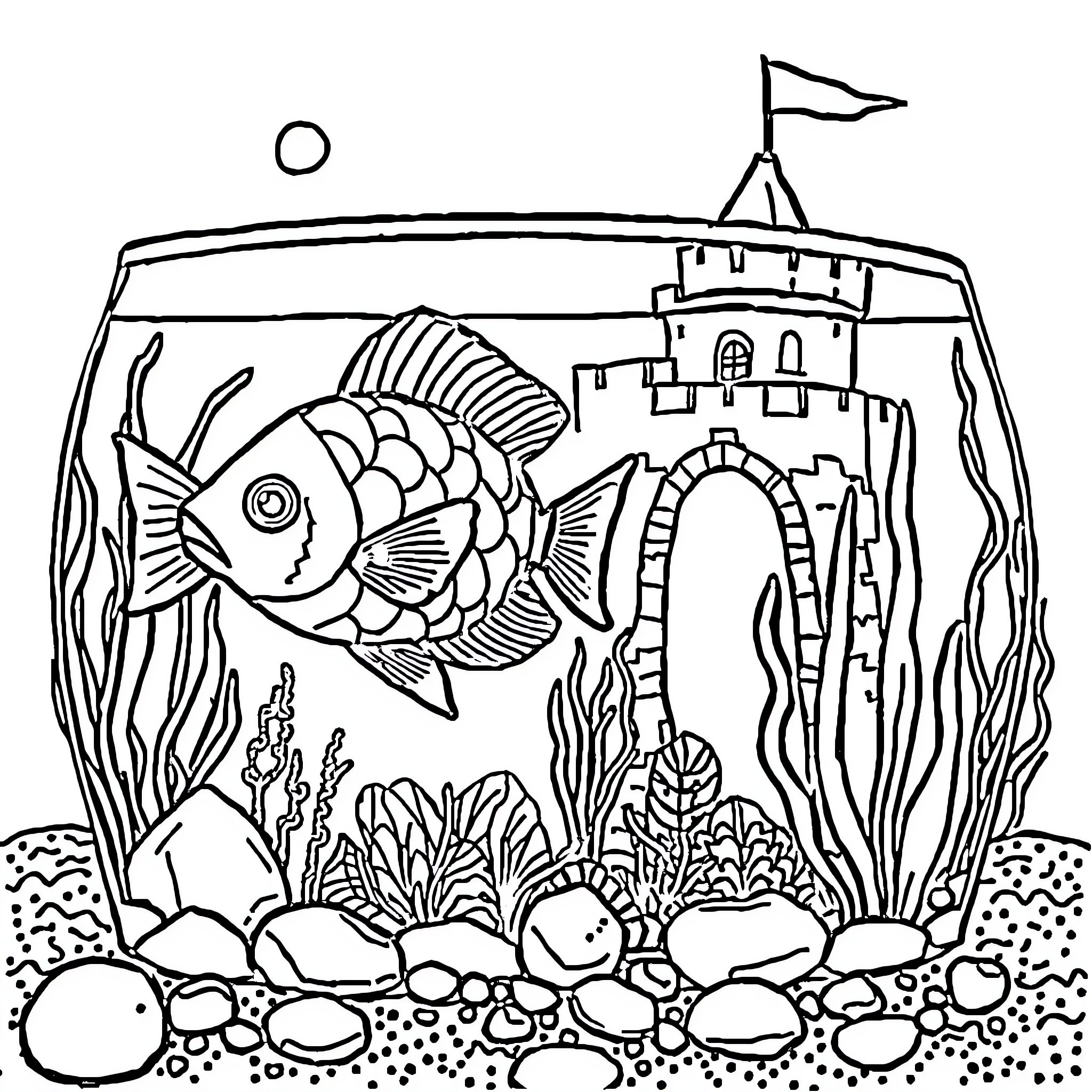 Fish swimming near underwater castle Coloring Page (free black-and-white line drawing printable PDF for all, from beginners to advanced learners, including children, teens, adults, and seniors)