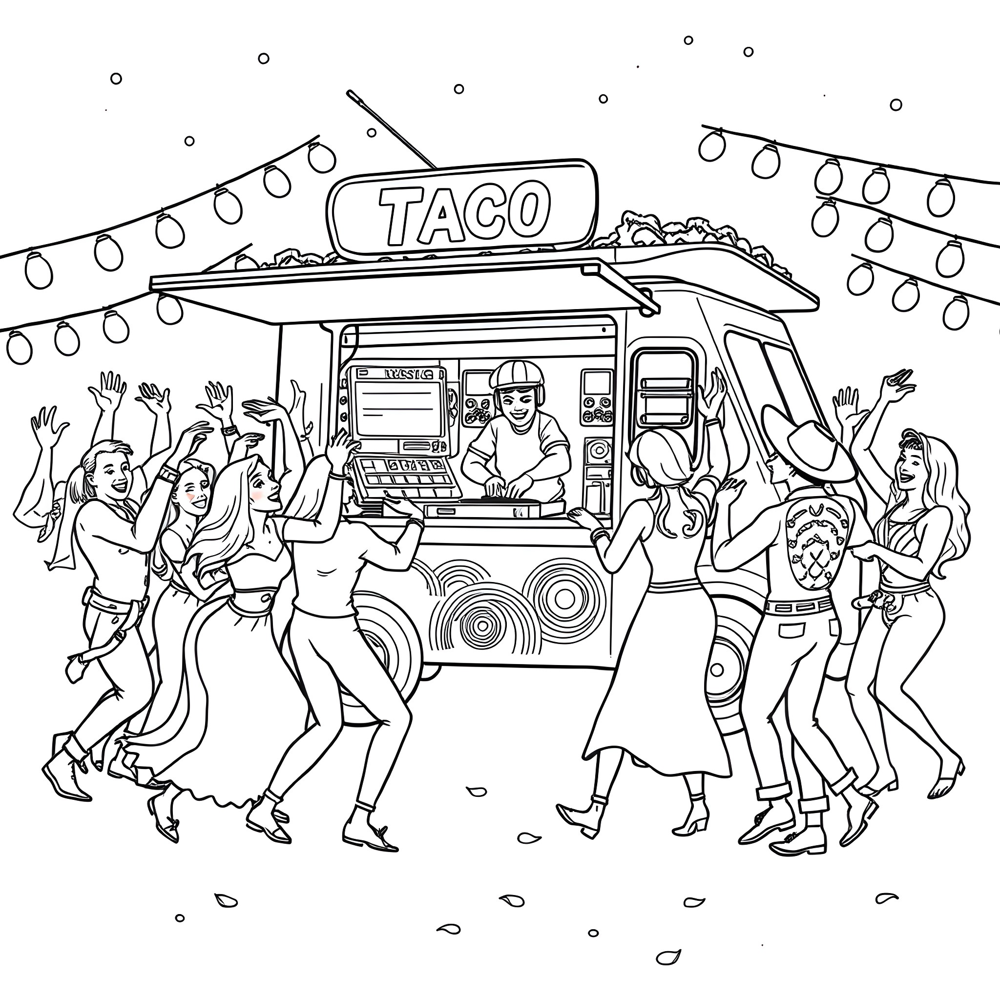 Taco Truck Party with Lively Dancers Coloring Page (free black-and-white line drawing printable PDF for all, from beginners to advanced learners, including children, teens, adults, and seniors)