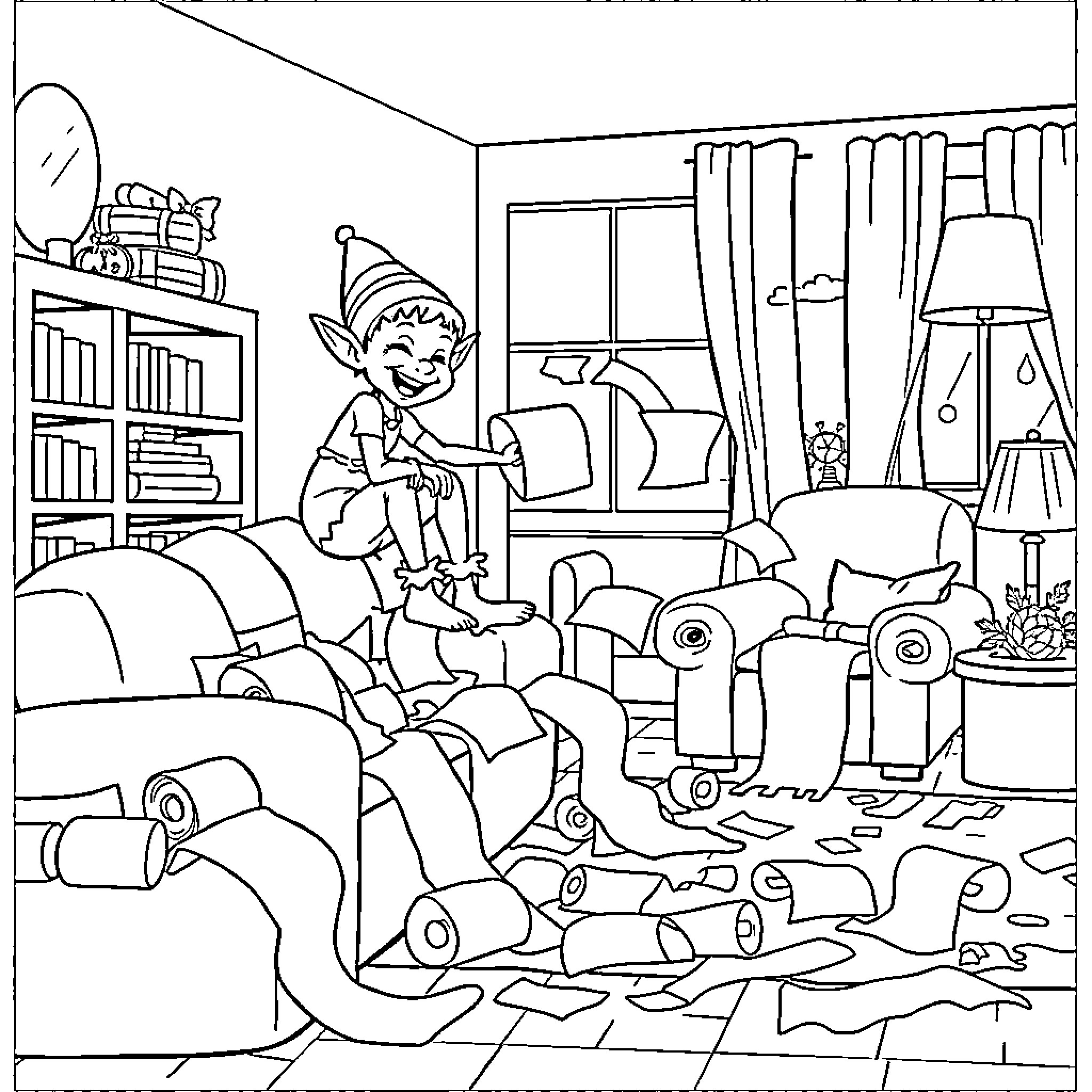 Elf playing amidst messy living room scene Coloring Page (free black-and-white line drawing printable PDF for all, from beginners to advanced learners, including children, teens, adults, and seniors)