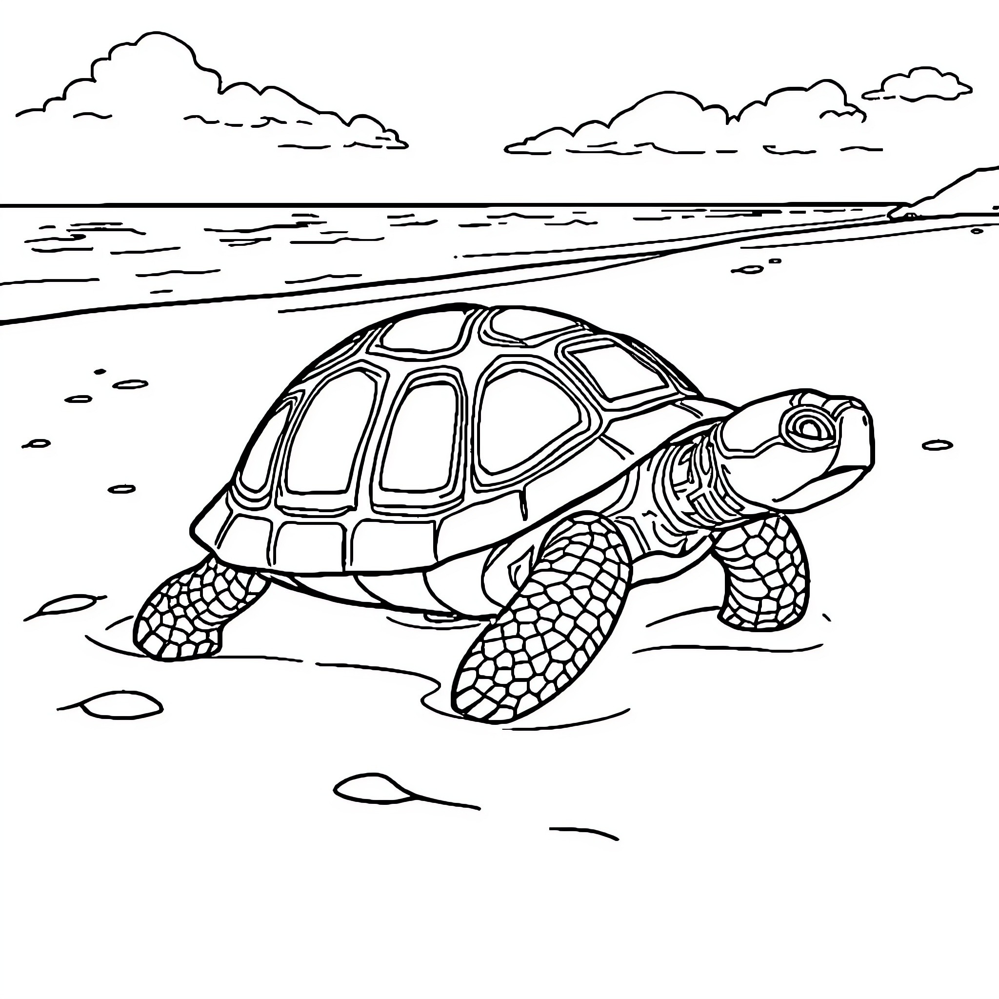 Turtle walking on the beach Coloring Page (free black-and-white line drawing printable PDF for all, from beginners to advanced learners, including children, teens, adults, and seniors)