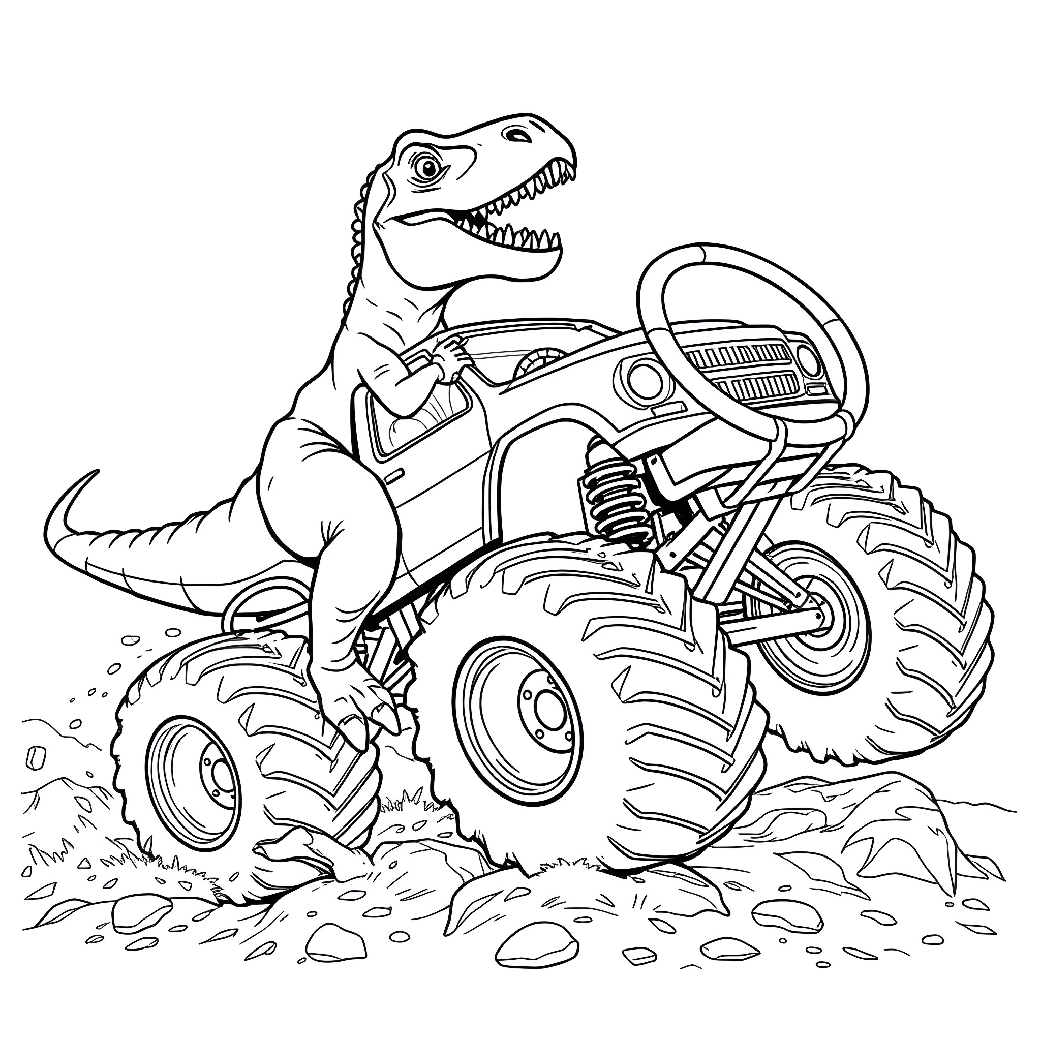 Dinosaur driving a monster truck Coloring Page (free black-and-white line drawing printable PDF for all, from beginners to advanced learners, including children, teens, adults, and seniors)