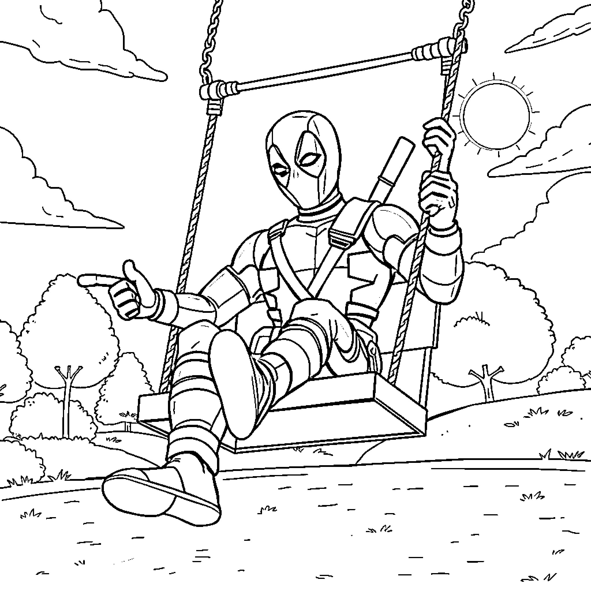 Deadpool enjoying a relaxing swing in the park Coloring Page (free black-and-white line drawing printable PDF for all, from beginners to advanced learners, including children, teens, adults, and seniors)