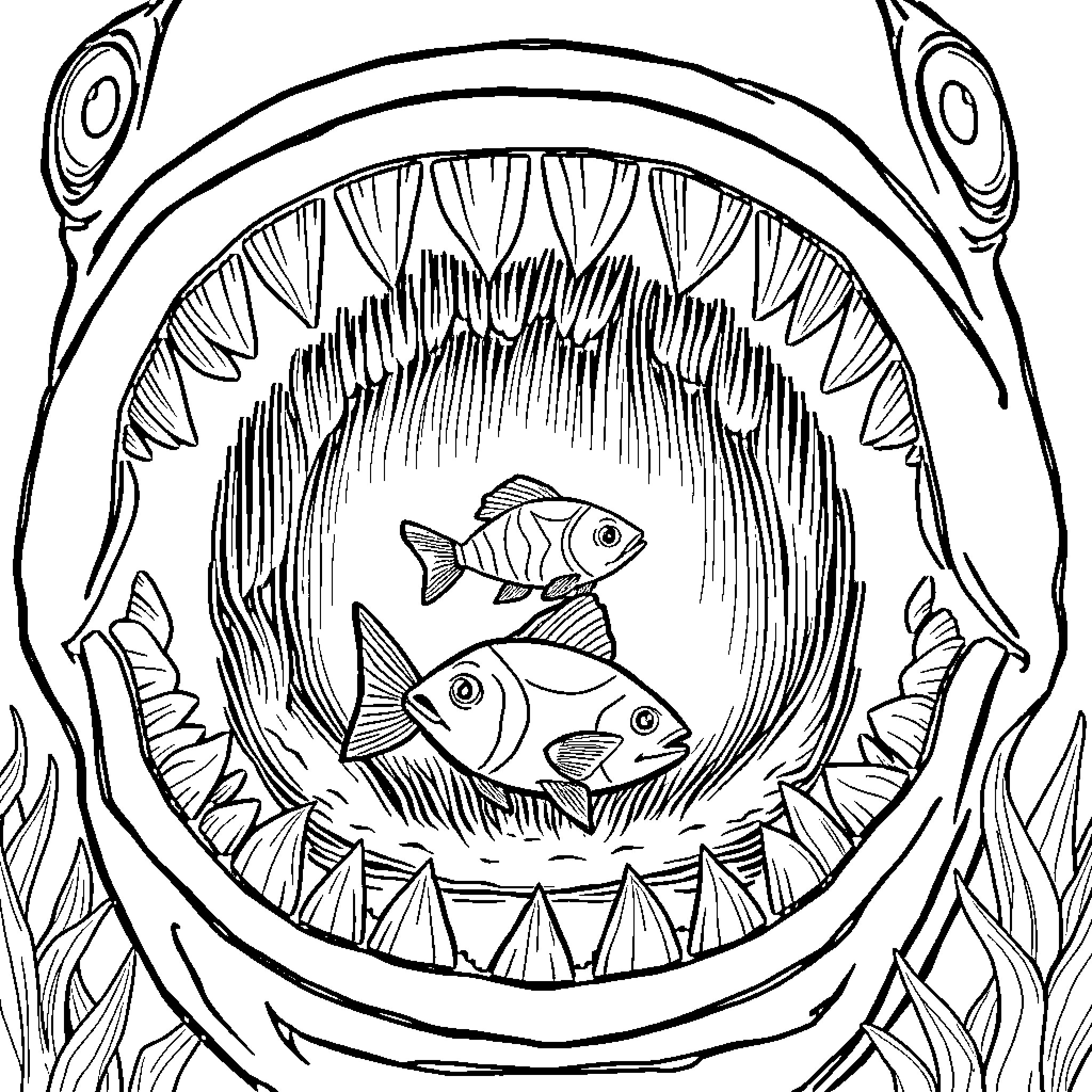 Fish swimming in underwater scene with plants Coloring Page (free black-and-white line drawing printable PDF for all, from beginners to advanced learners, including children, teens, adults, and seniors)