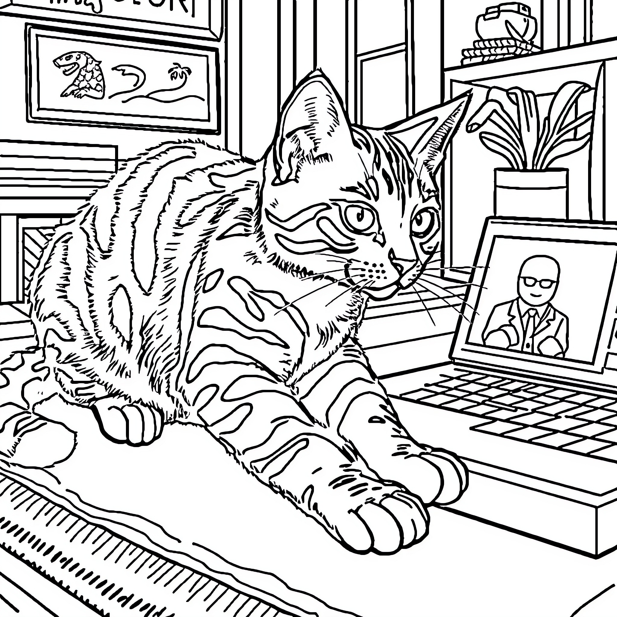 Bengal Cat Exploring Stylish Home Office Coloring Page (free black-and-white line drawing printable PDF for all, from beginners to advanced learners, including children, teens, adults, and seniors)