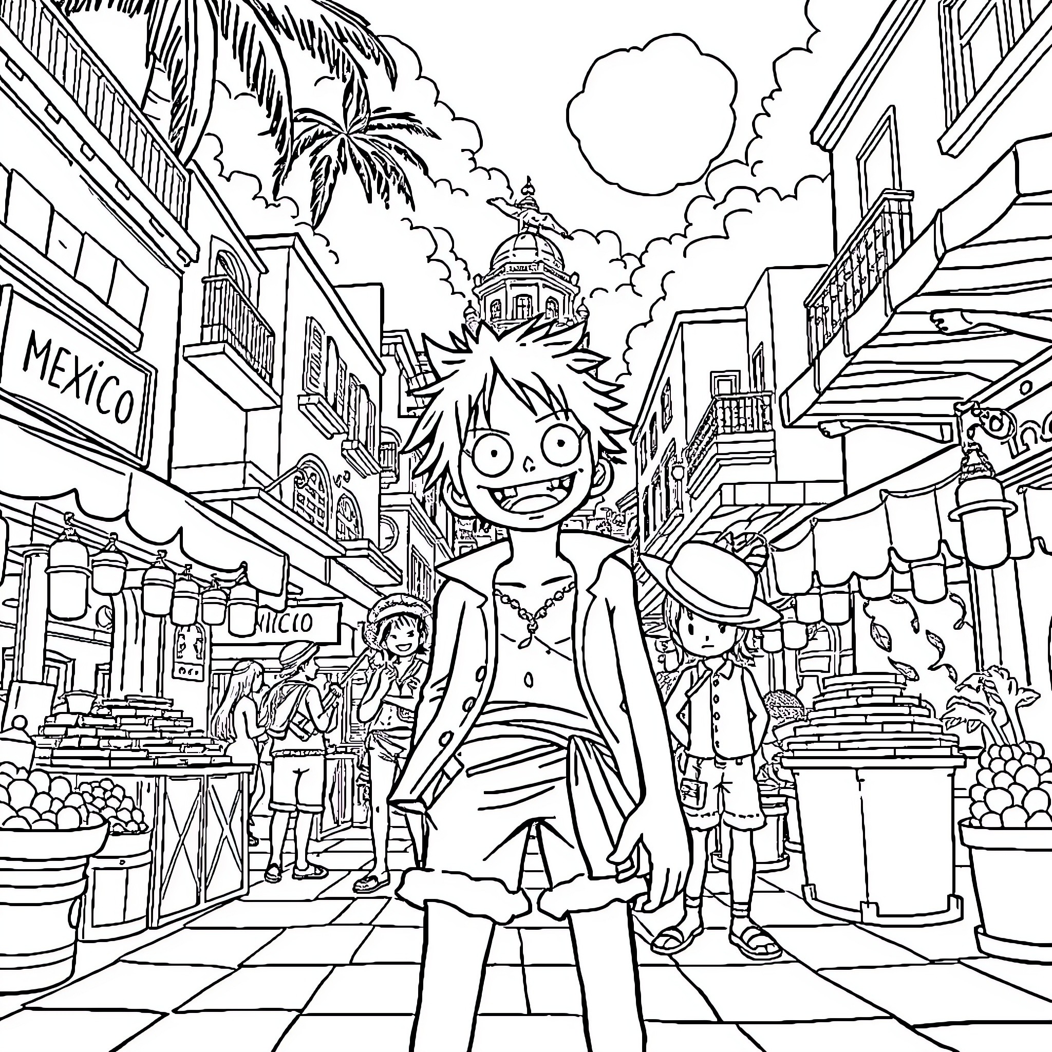 Luffy exploring a lively Mexican market Coloring Page (free black-and-white line drawing printable PDF for all, from beginners to advanced learners, including children, teens, adults, and seniors)