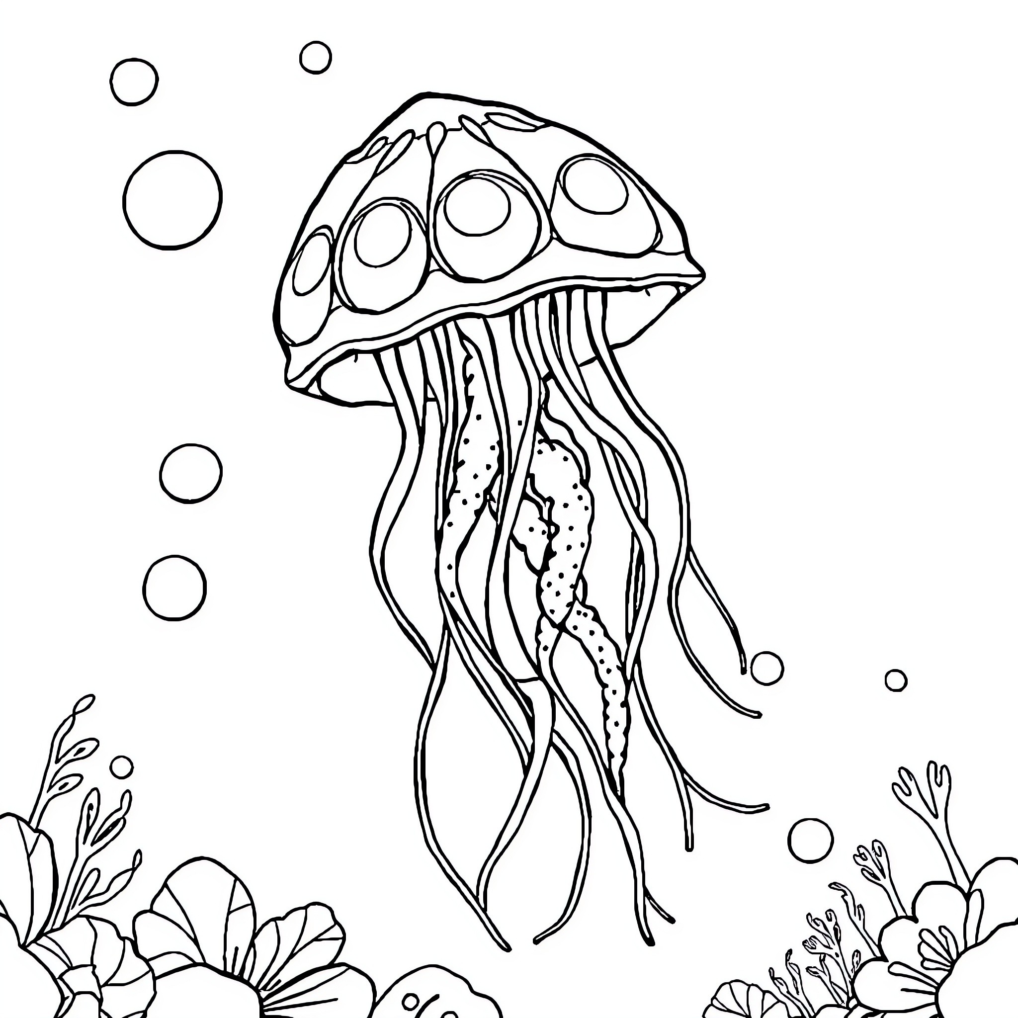 Jellyfish gracefully swimming in the ocean Coloring Page (free black-and-white line drawing printable PDF for all, from beginners to advanced learners, including children, teens, adults, and seniors)