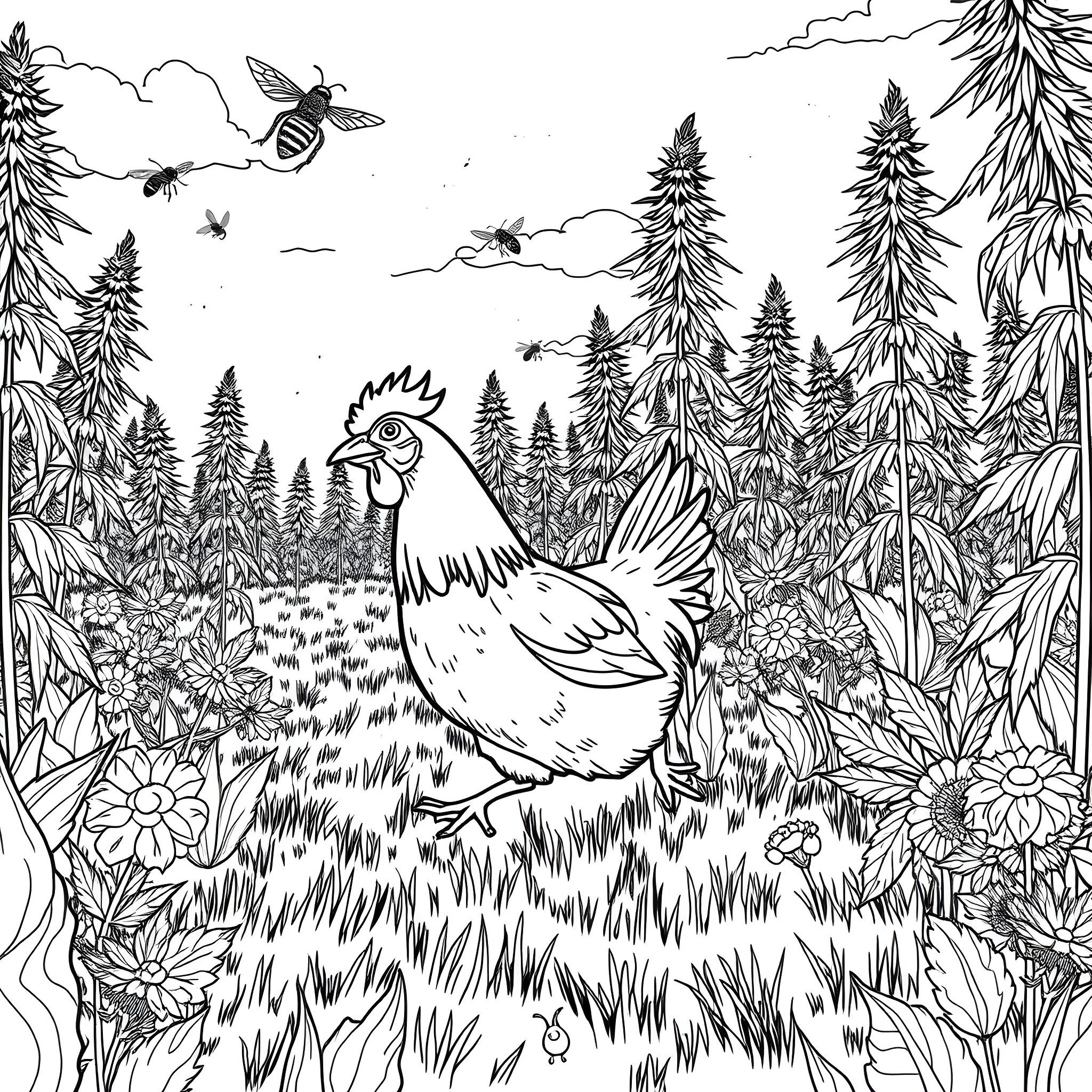 Chicken wandering in the enchanted forest with bees Coloring Page (free black-and-white line drawing printable PDF for all, from beginners to advanced learners, including children, teens, adults, and seniors)