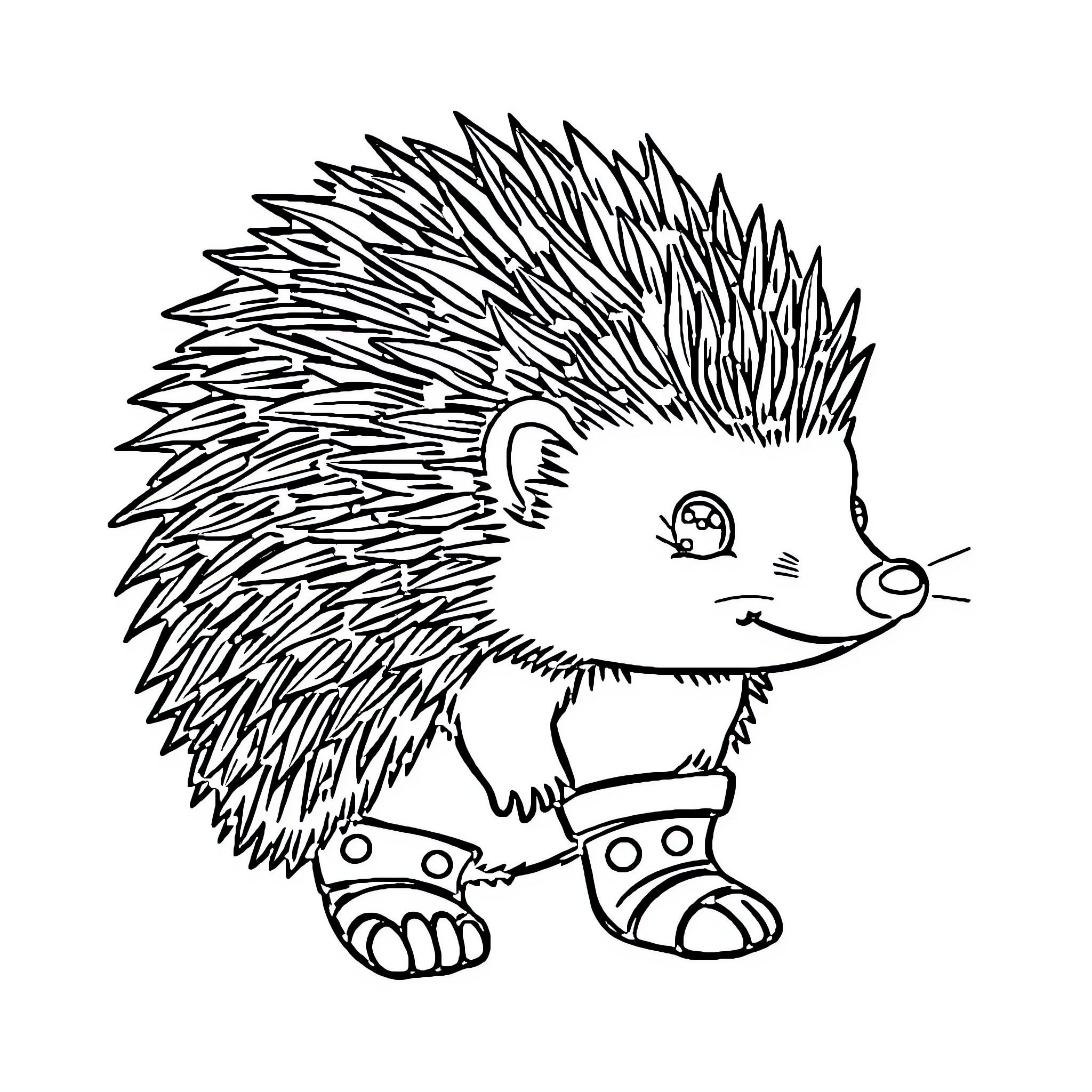 Hedgehog with quirky accessories on adventures Coloring Page (free black-and-white line drawing printable PDF for all, from beginners to advanced learners, including children, teens, adults, and seniors)