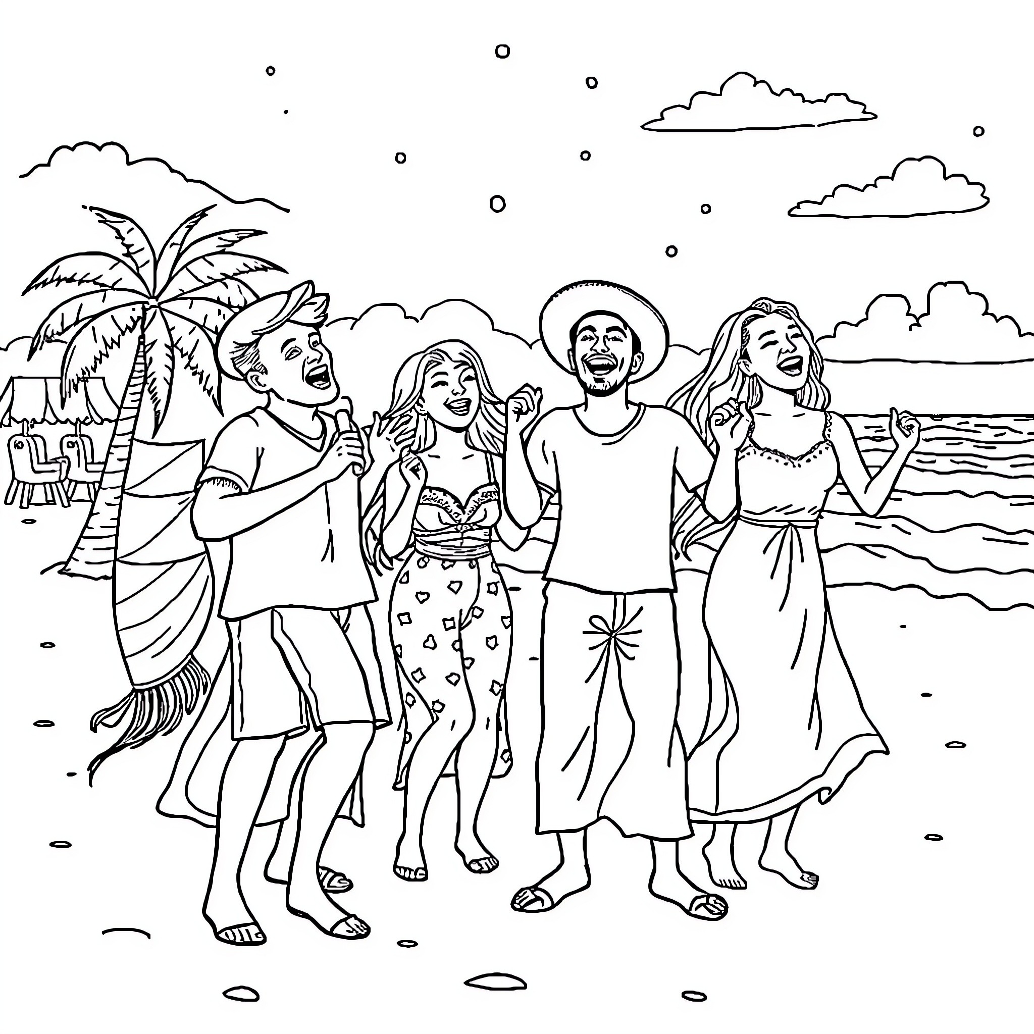 Tralalero group of friends enjoying beach outing Coloring Page (free black-and-white line drawing printable PDF for all, from beginners to advanced learners, including children, teens, adults, and seniors)