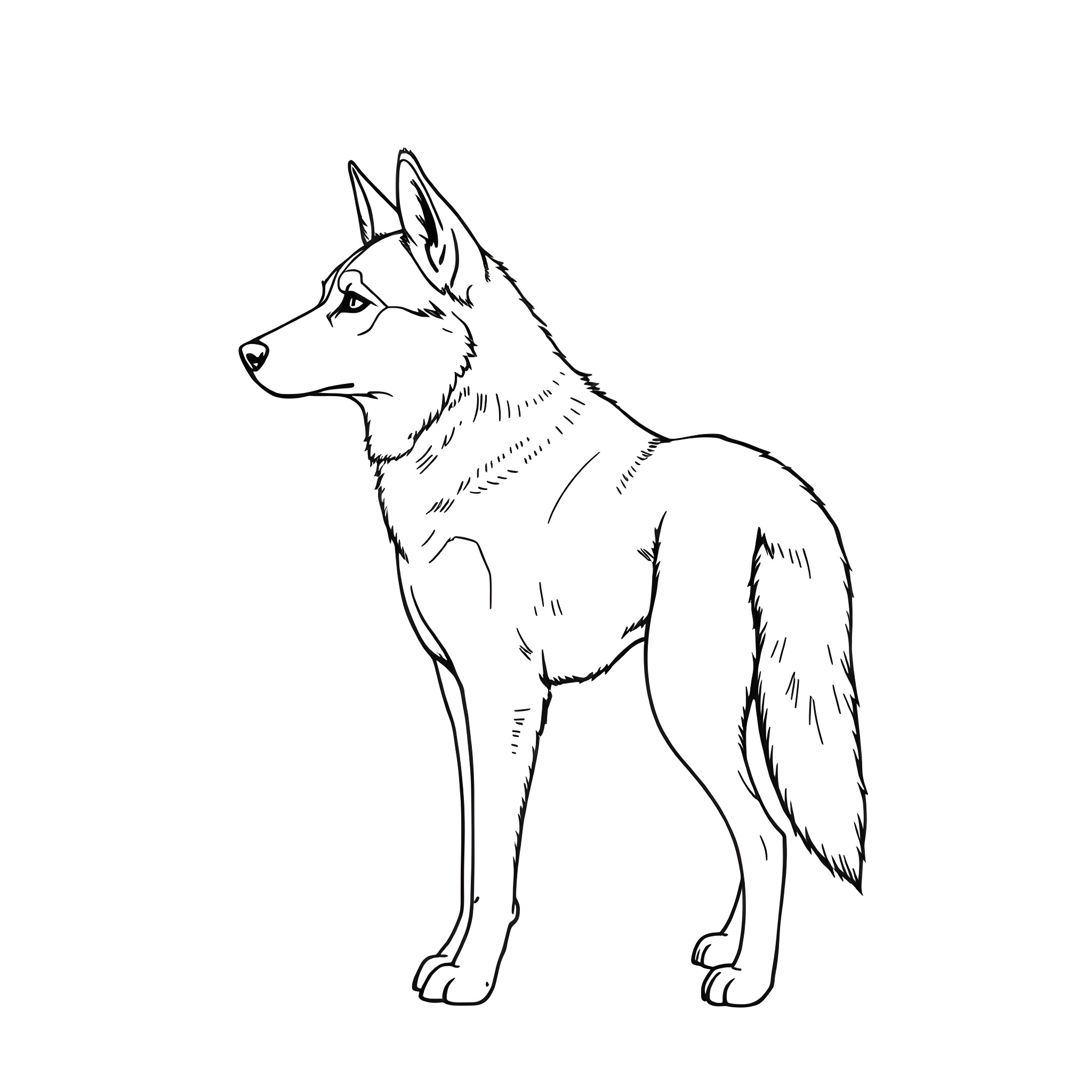 Husky standing attentively in black and white Coloring Page (free black-and-white line drawing printable PDF for all, from beginners to advanced learners, including children, teens, adults, and seniors)