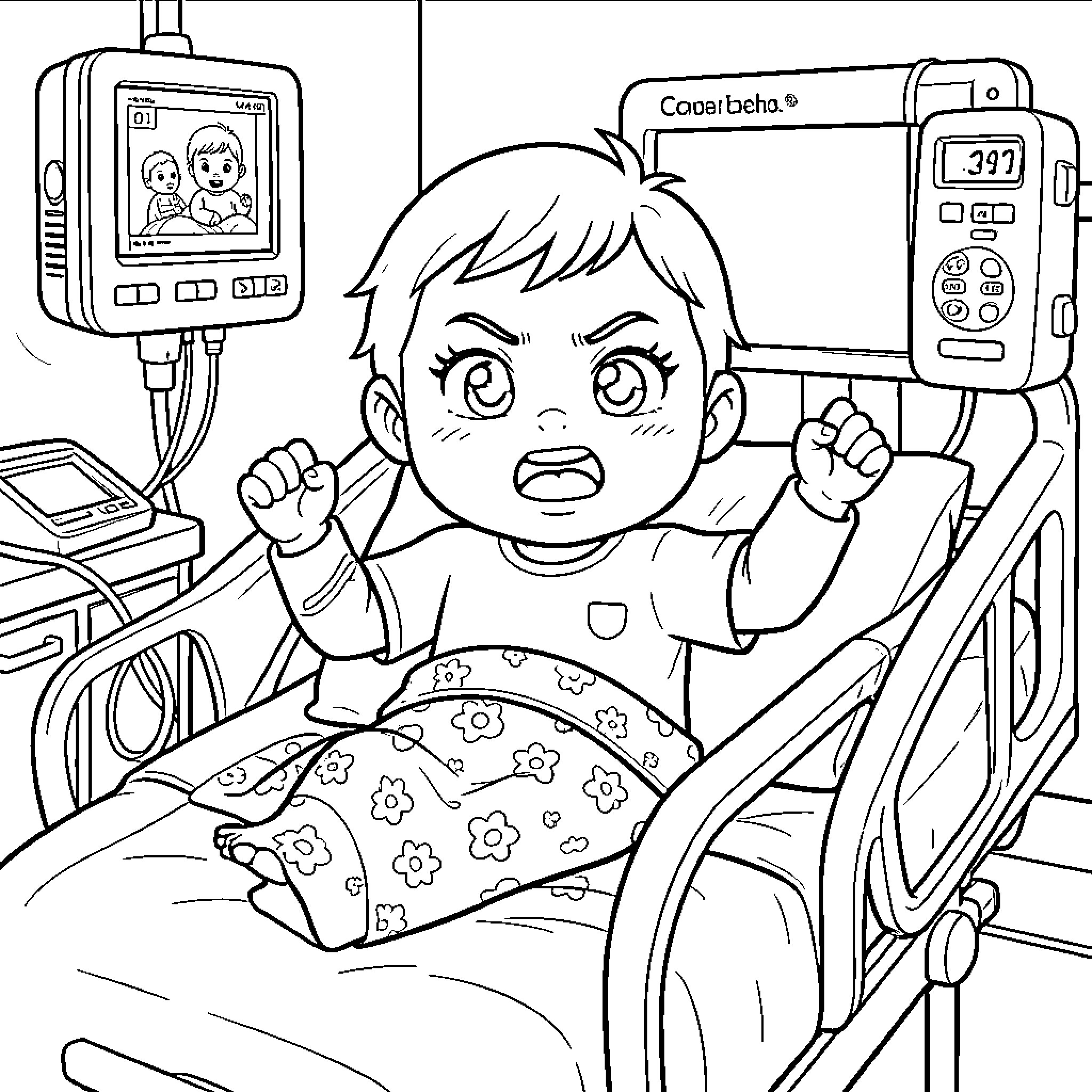 Baby looking upset while lying in a hospital bed Coloring Page (free black-and-white line drawing printable PDF for all, from beginners to advanced learners, including children, teens, adults, and seniors)