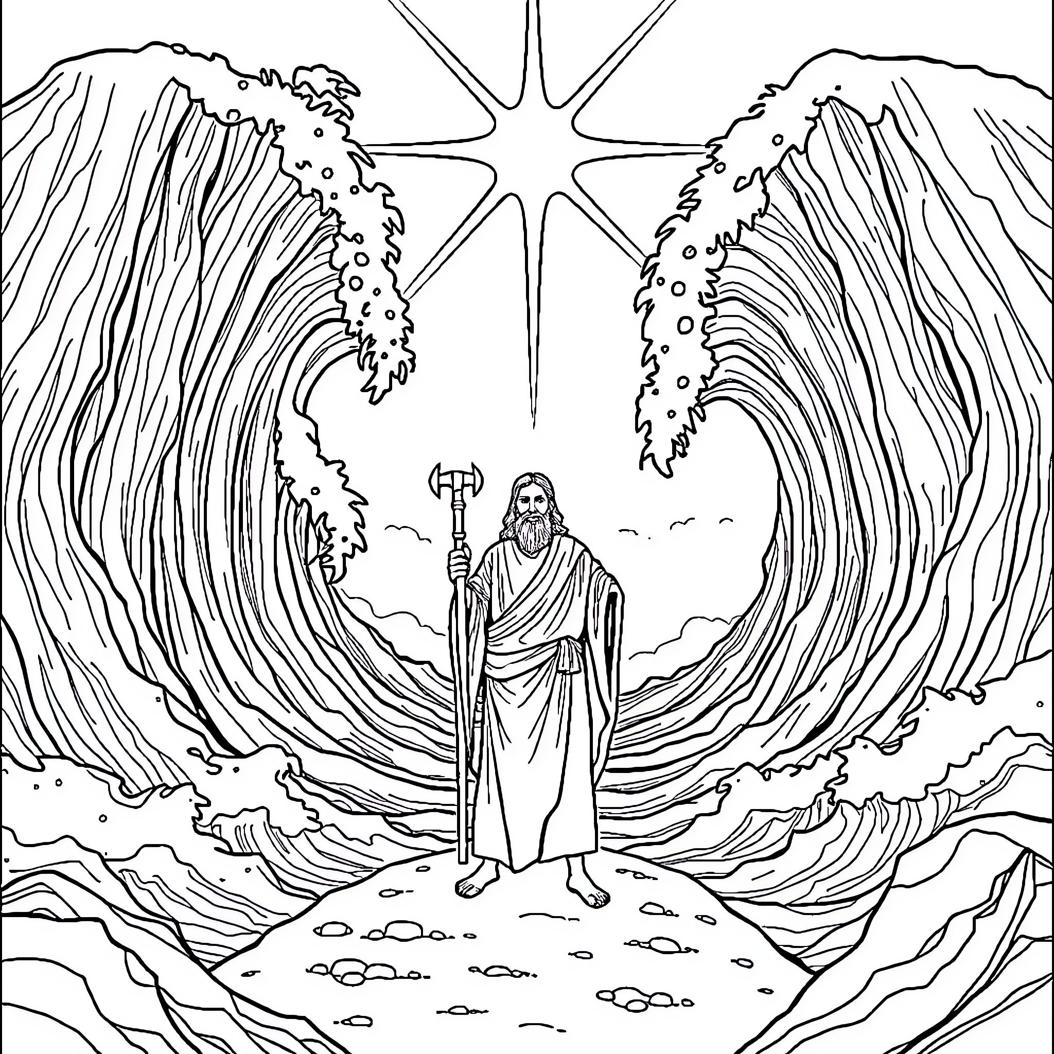 Moses Parting the Seas with Miracles and Divine Power Coloring Page (free black-and-white line drawing printable PDF for all, from beginners to advanced learners, including children, teens, adults, and seniors)