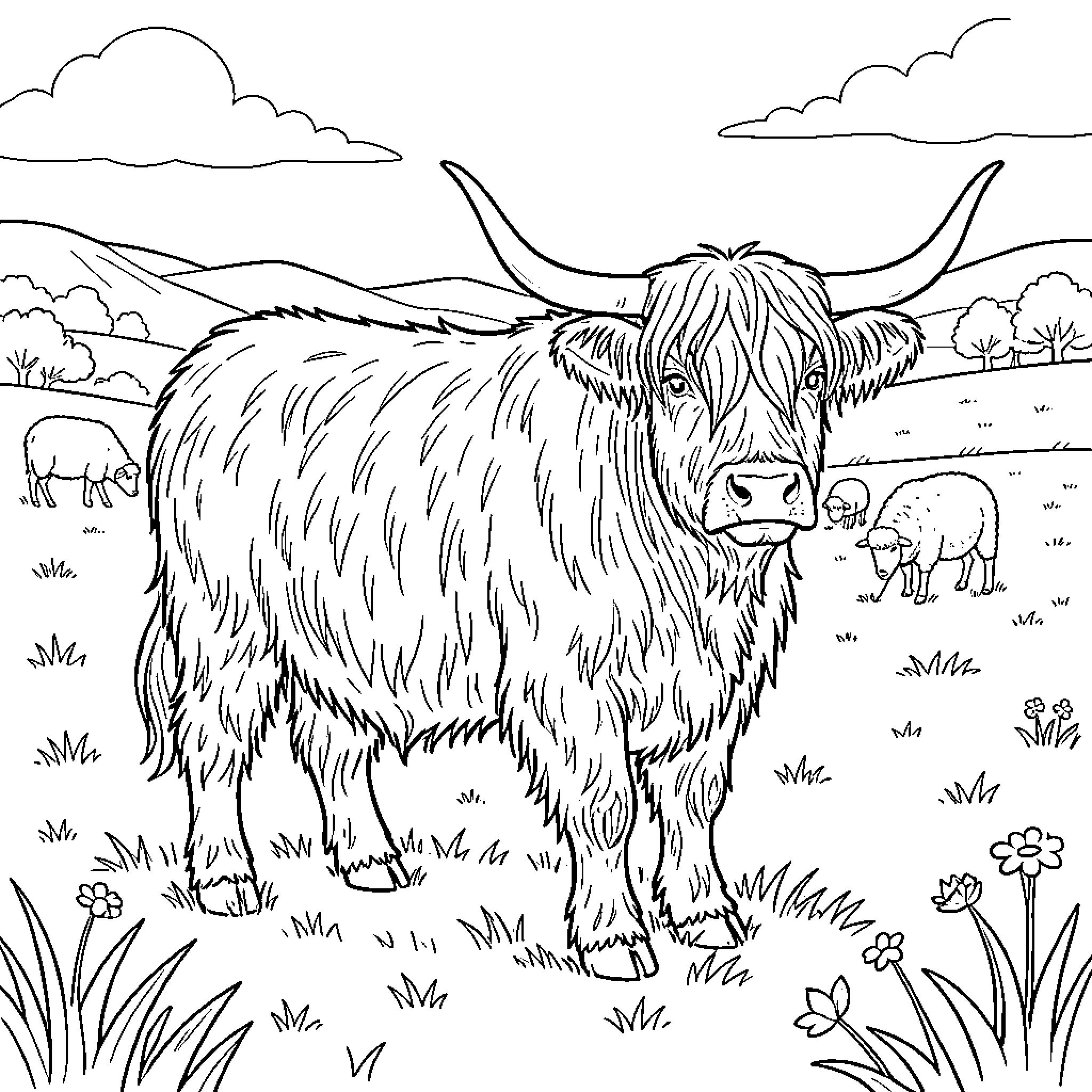 Highland Cow Grazing in Picturesque Countryside Coloring Page (free black-and-white line drawing printable PDF for all, from beginners to advanced learners, including children, teens, adults, and seniors)