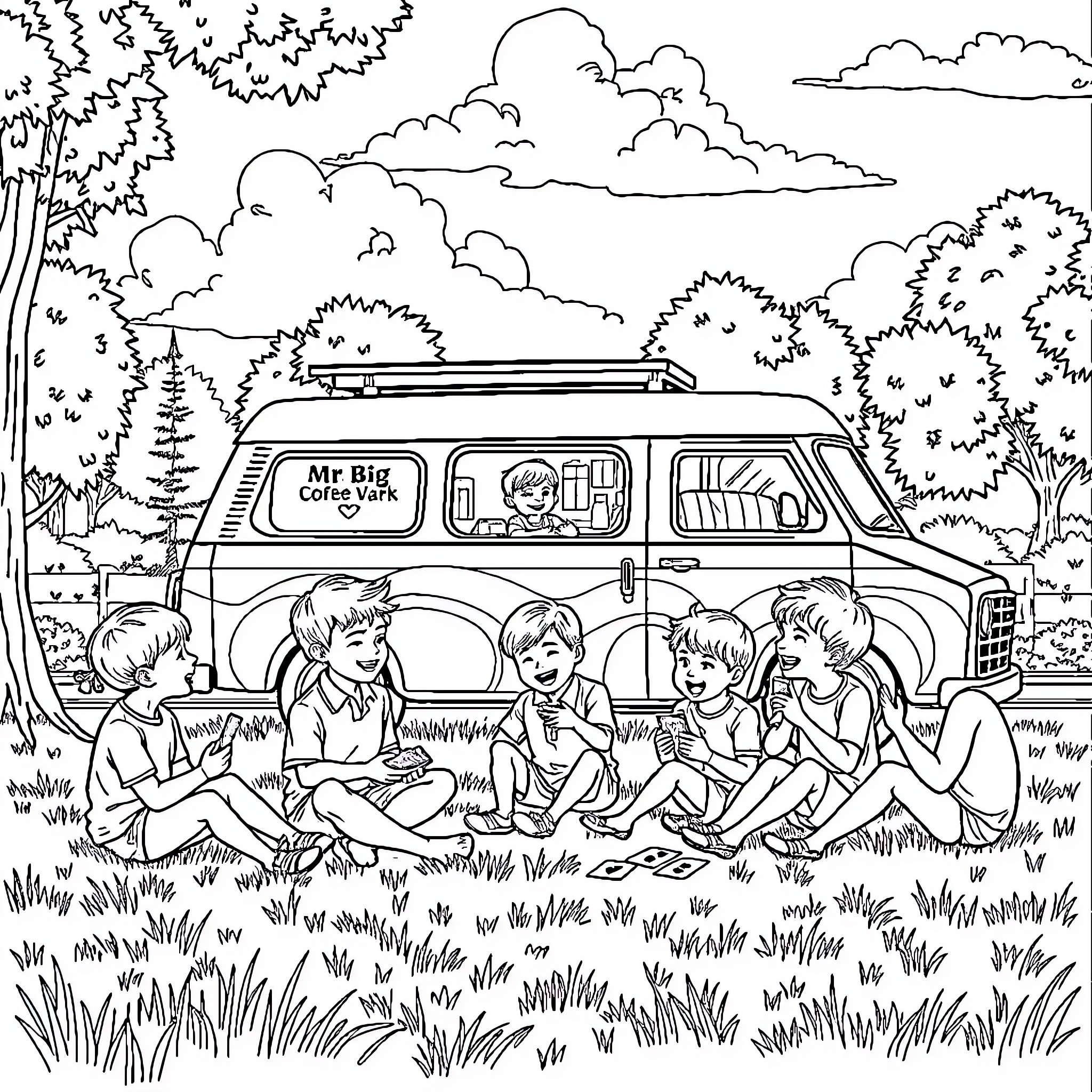 Kids enjoying a picnic in the park Coloring Page (free black-and-white line drawing printable PDF for all, from beginners to advanced learners, including children, teens, adults, and seniors)