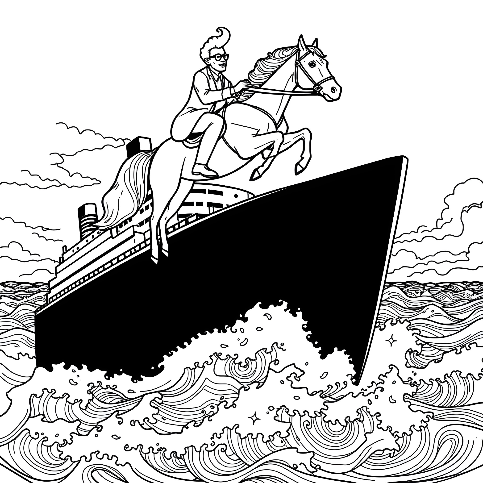 RuPaul Riding a Horse on a Sinking Ship Coloring Page (free black-and-white line drawing printable PDF for all, from beginners to advanced learners, including children, teens, adults, and seniors)