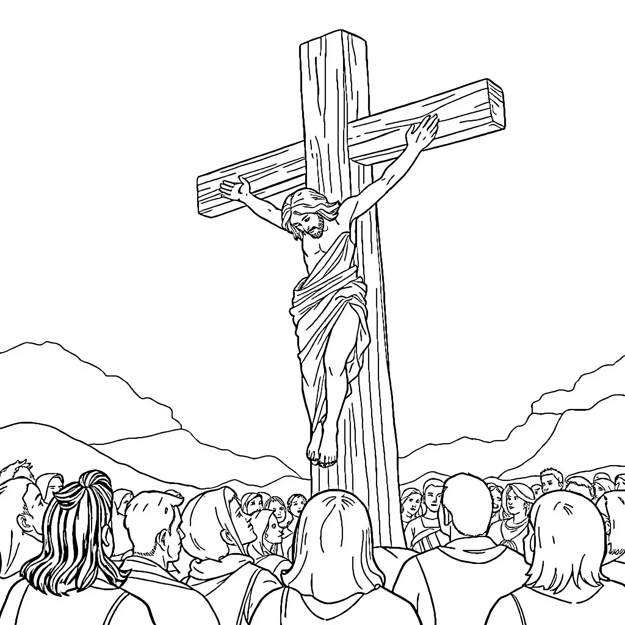 Jesus crucified on the cross before the crowd Coloring Page (free black-and-white line drawing printable PDF for all, from beginners to advanced learners, including children, teens, adults, and seniors)