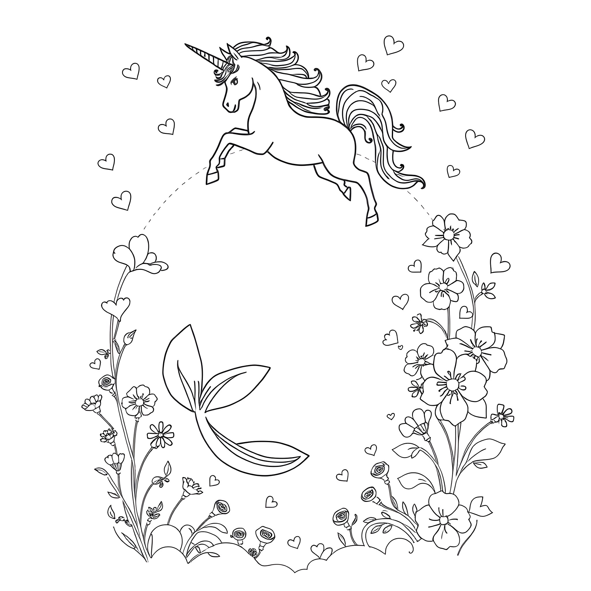 Mermaid Unicorn in Enchanted Floral Meadow Coloring Page (free black-and-white line drawing printable PDF for all, from beginners to advanced learners, including children, teens, adults, and seniors)