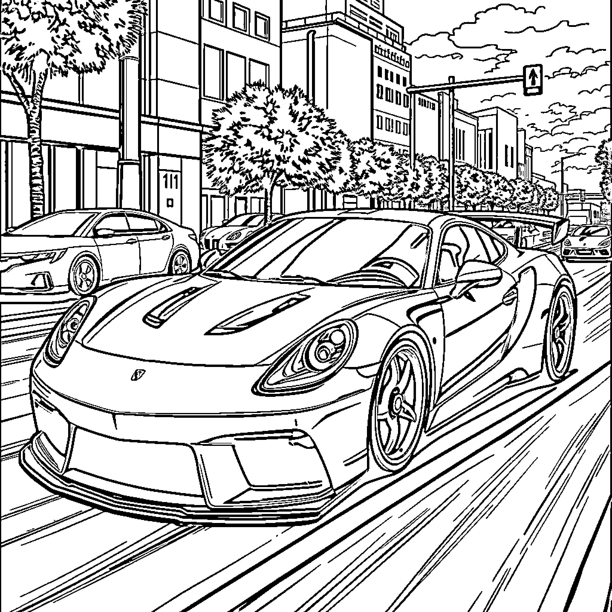 Sport Car Racing Through City Streets Coloring Page (free black-and-white line drawing printable PDF for all, from beginners to advanced learners, including children, teens, adults, and seniors)