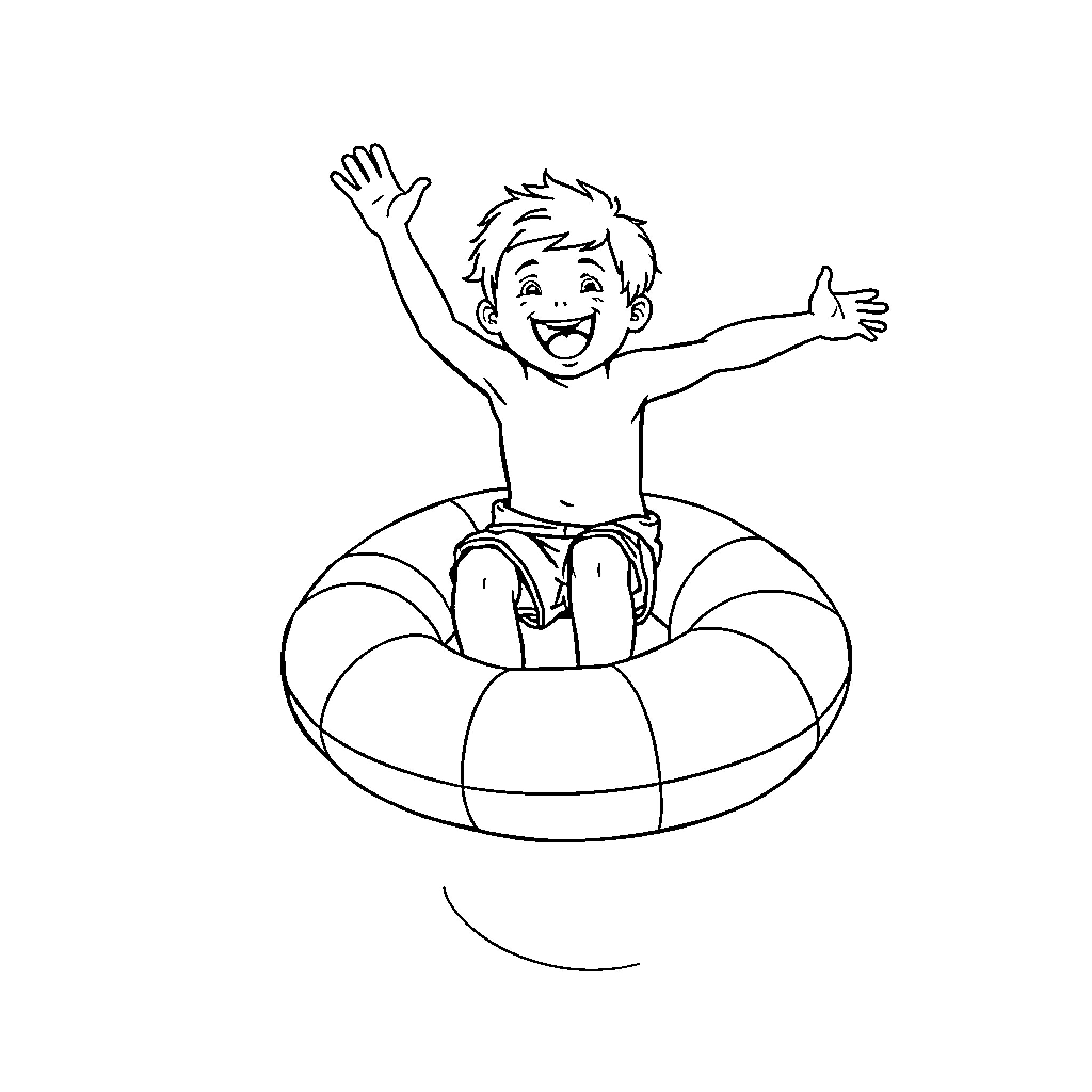 Boy happily playing in inflatable ring Coloring Page (free black-and-white line drawing printable PDF for all, from beginners to advanced learners, including children, teens, adults, and seniors)