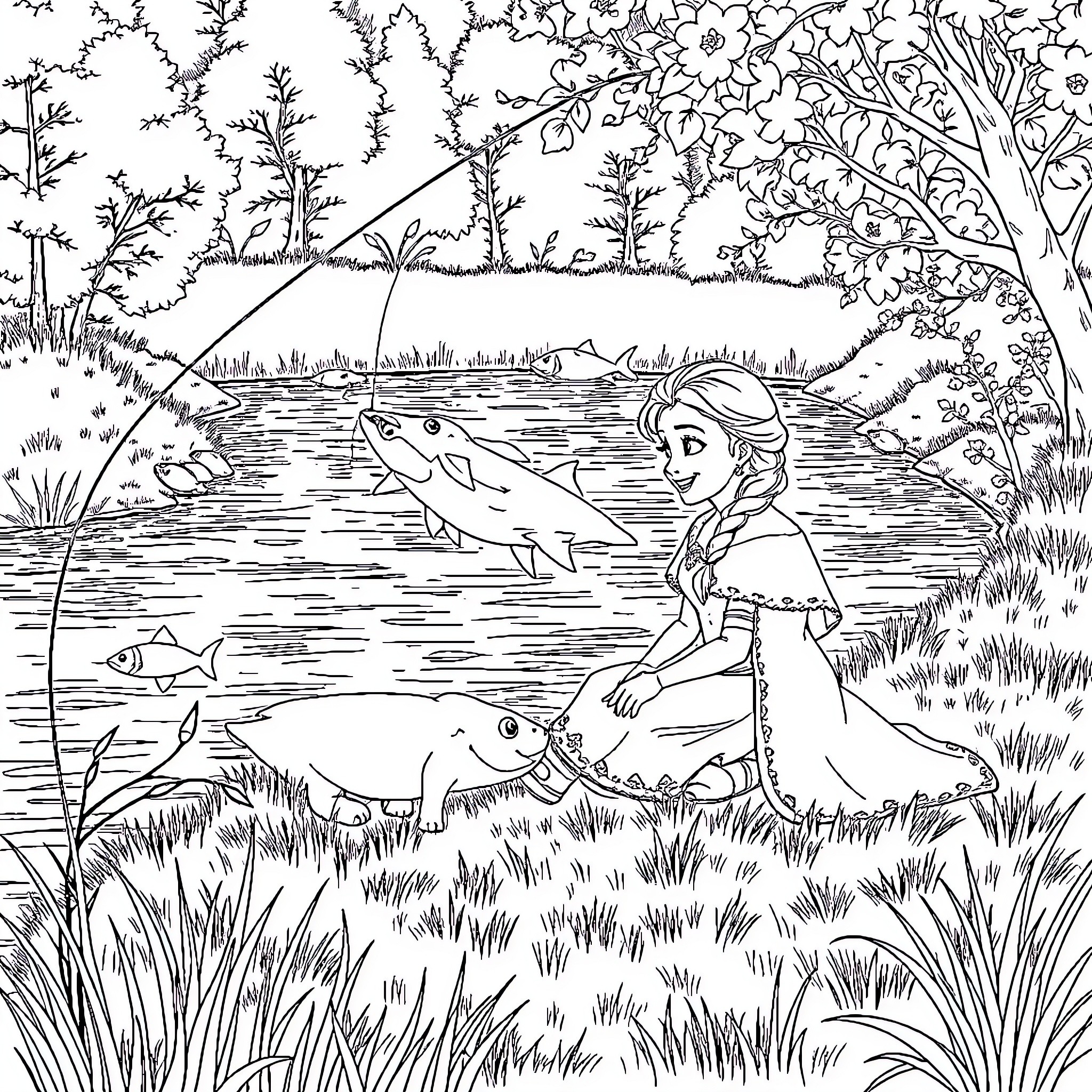 Elsa enjoying a peaceful day by the pond Coloring Page (free black-and-white line drawing printable PDF for all, from beginners to advanced learners, including children, teens, adults, and seniors)