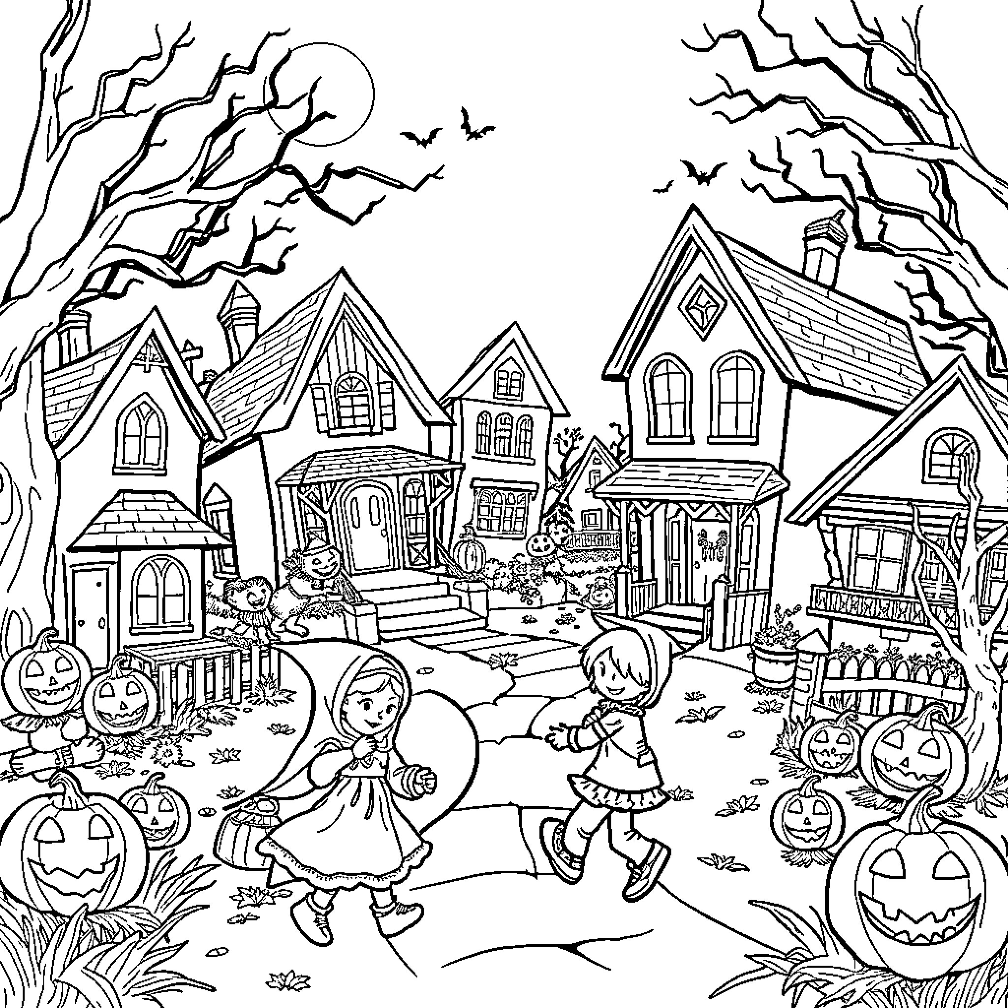 Halloween Neighborhood with Spooky Houses and Trick-or-Treaters Coloring Page (free black-and-white line drawing printable PDF for all, from beginners to advanced learners, including children, teens, adults, and seniors)