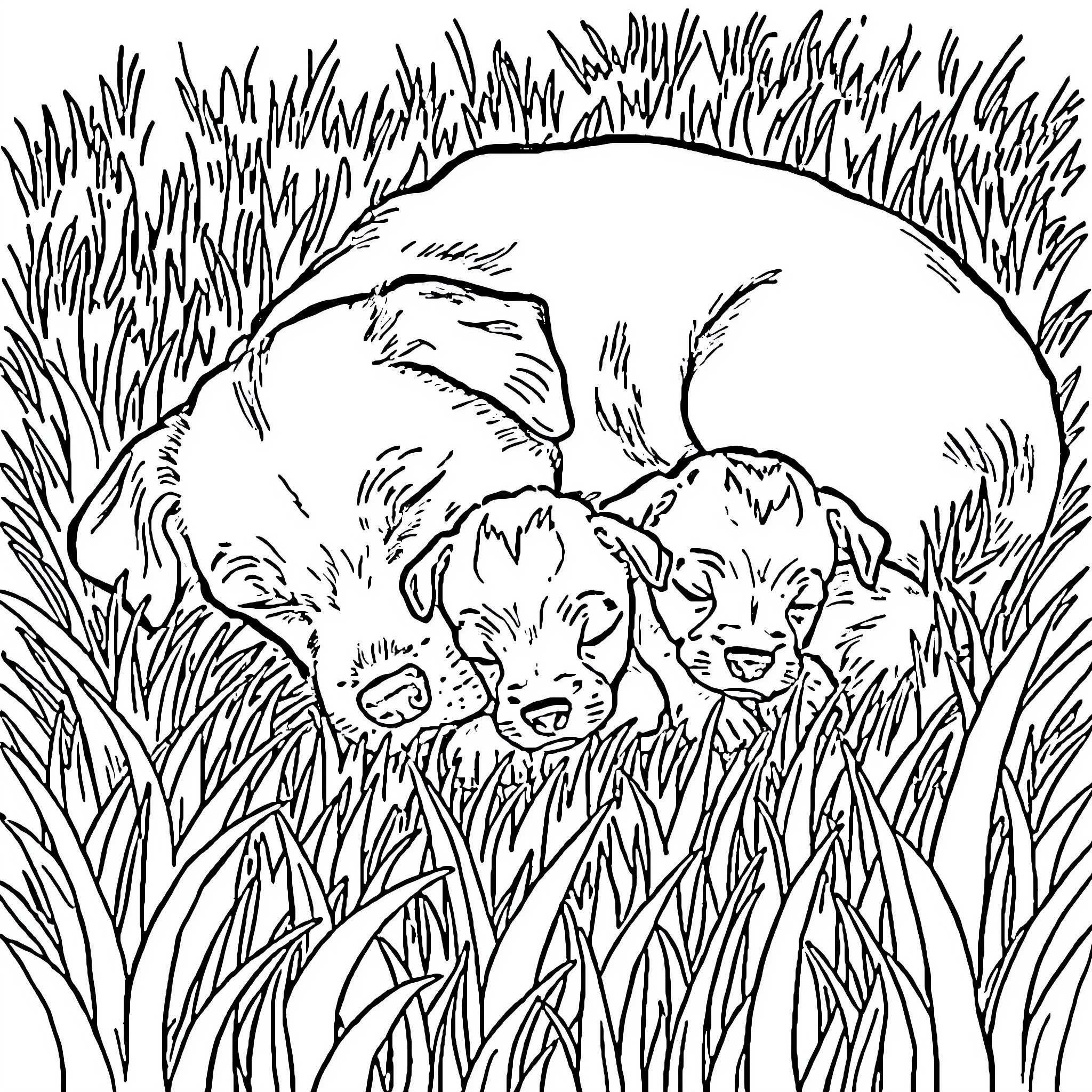 Dog puppies playing in the grass Coloring Page (free black-and-white line drawing printable PDF for all, from beginners to advanced learners, including children, teens, adults, and seniors)