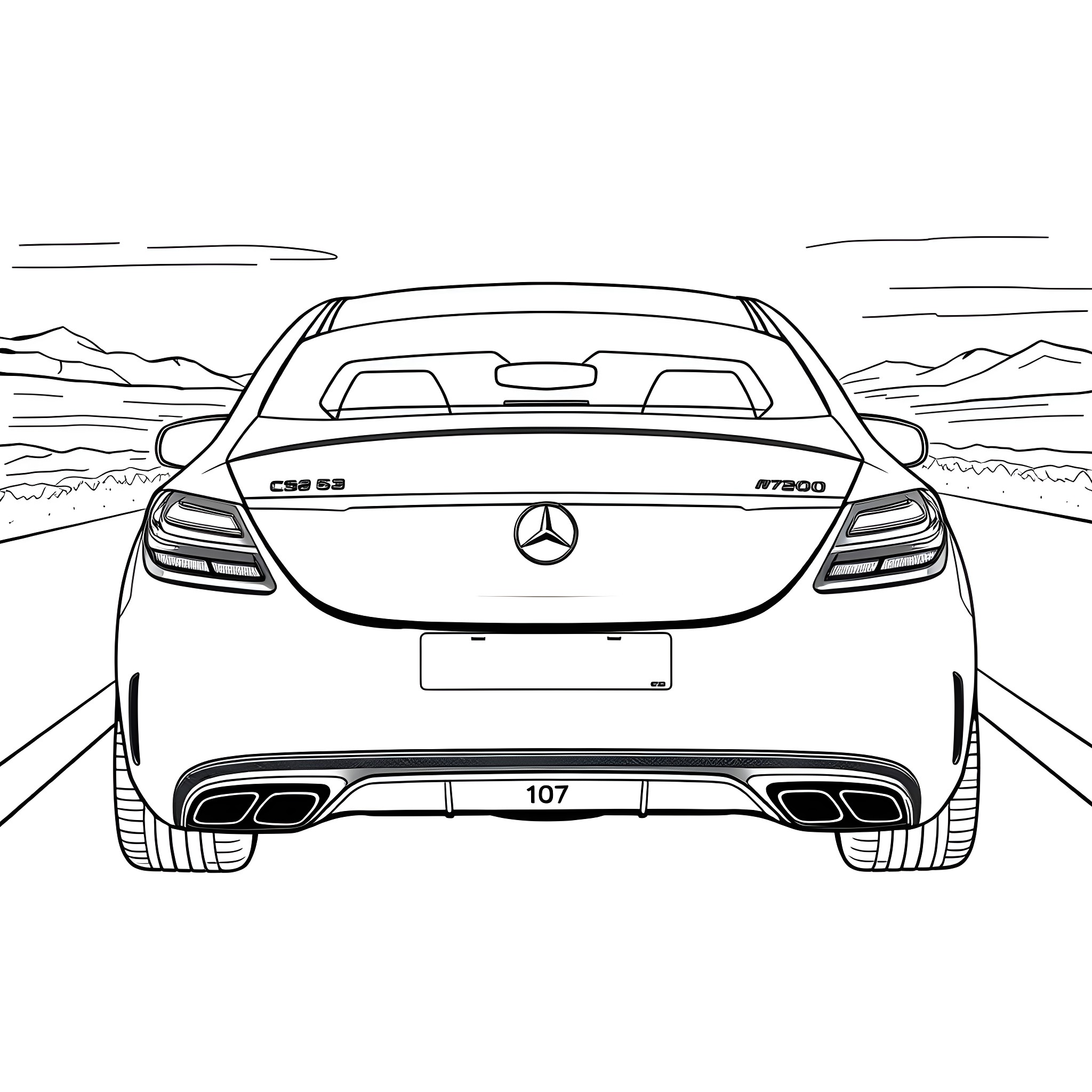 Car speeding through a desert landscape Coloring Page (free black-and-white line drawing printable PDF for all, from beginners to advanced learners, including children, teens, adults, and seniors)