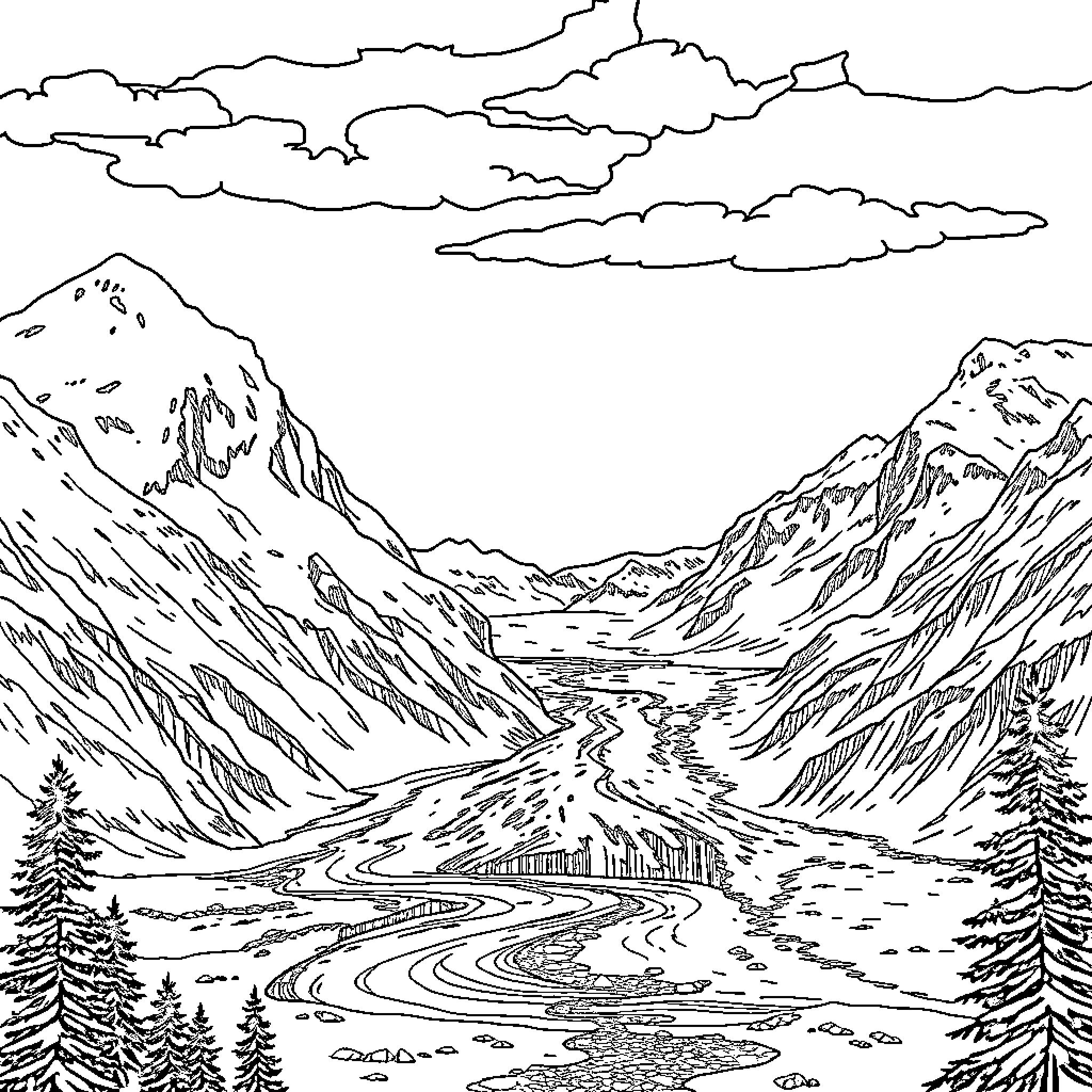 Alaska landscape with snowy mountains and winding river Coloring Page (free black-and-white line drawing printable PDF for all, from beginners to advanced learners, including children, teens, adults, and seniors)