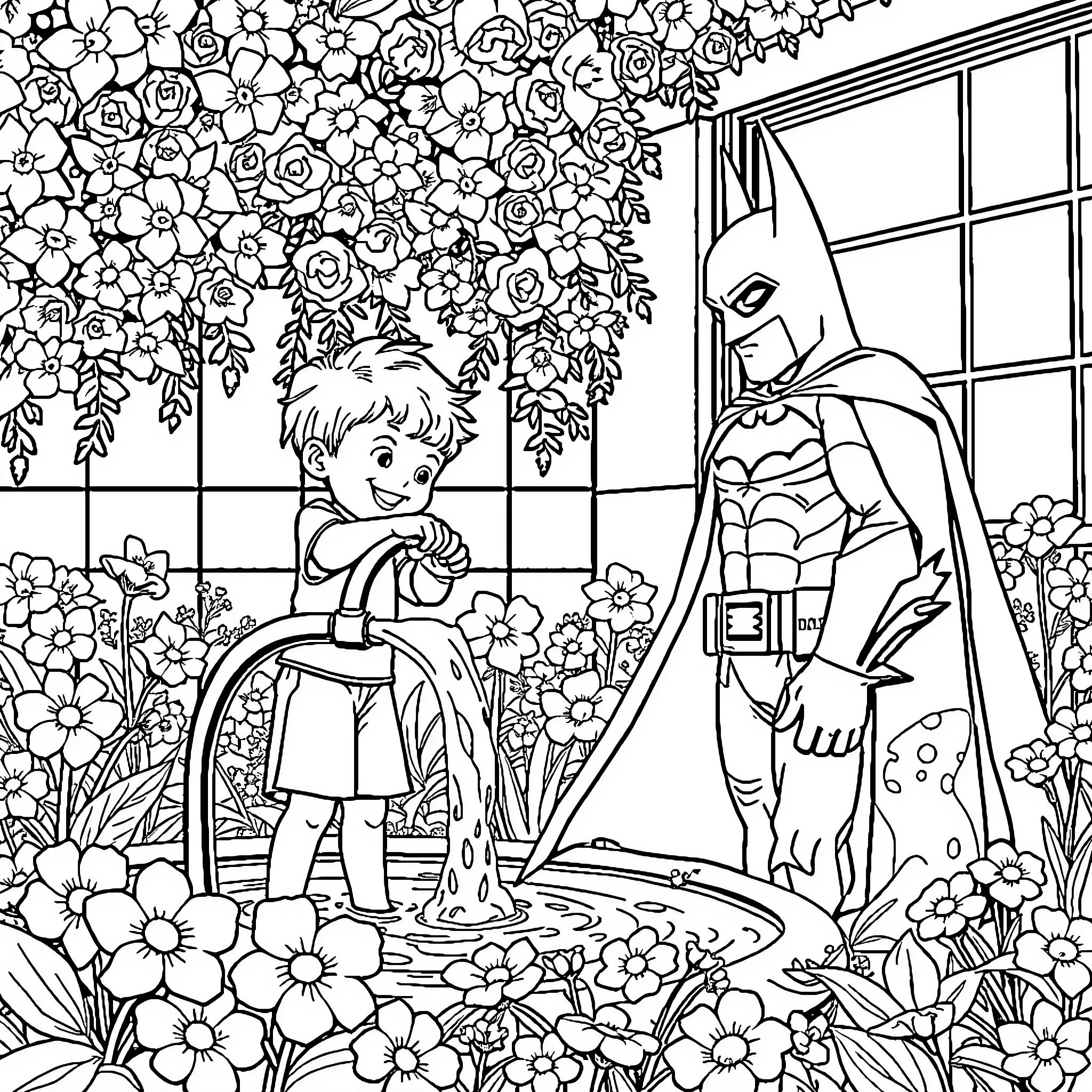 Niño's Secret Garden Adventure with Batman Coloring Page (free black-and-white line drawing printable PDF for all, from beginners to advanced learners, including children, teens, adults, and seniors)
