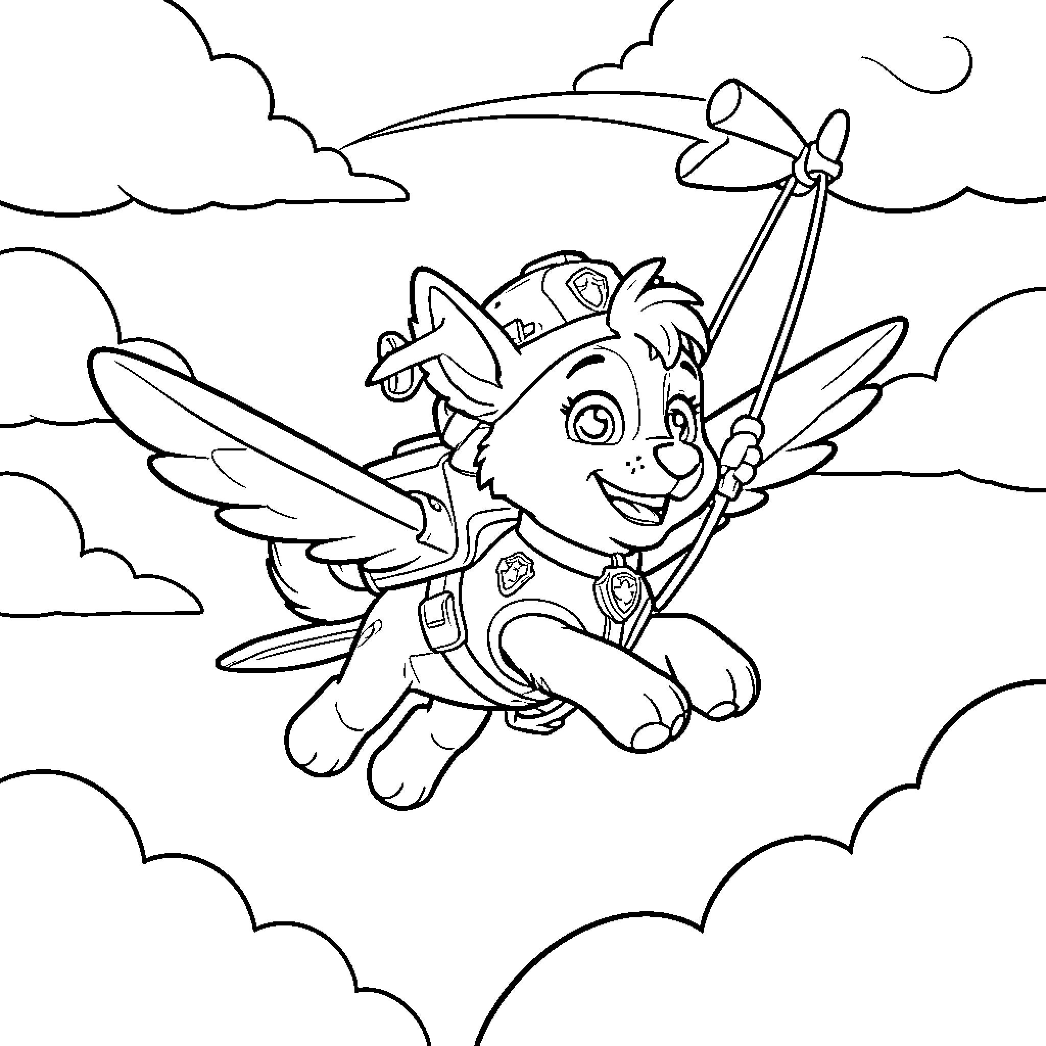 Sky high adventure with a winged puppy flying Coloring Page (free black-and-white line drawing printable PDF for all, from beginners to advanced learners, including children, teens, adults, and seniors)